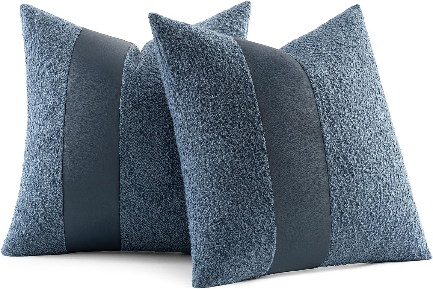 Boucle Throw Pillow Covers 18X18 Inch Set of 2 Denim Blue Faux Leather Textured Decorative Pillow Cases Boho Farmhouse Accents Cushion Covers for Couch Bed Livingroom Home Decor