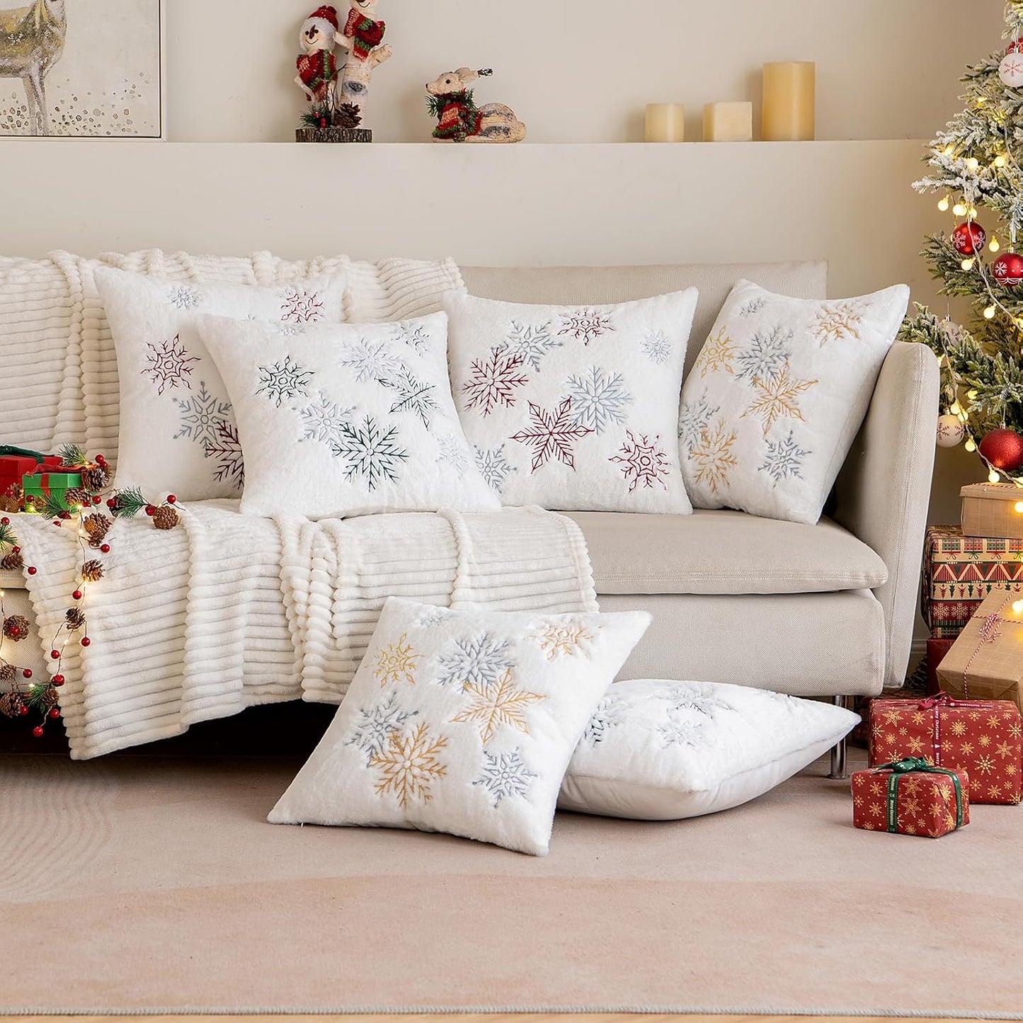 Pack of 2 Christmas Decorative Throw Pillow Covers Soft Faux Fur Pillow Cases with Embroidery Snowflake Winter Cute Pillowcases Holiday Decor for Couch Sofa Bedroom, 18×18 Inch, Yellow