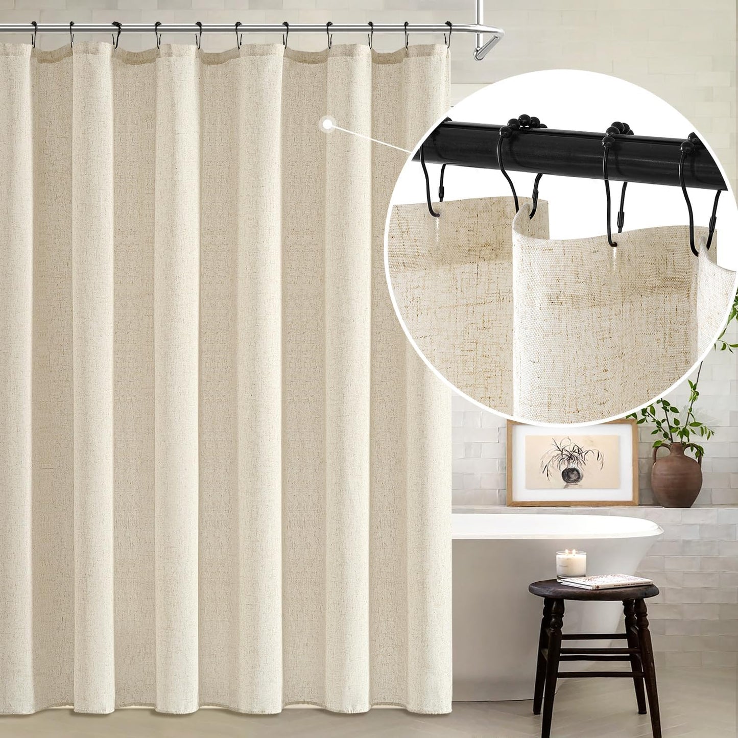 Linen Shower Curtain with 12 Metal Hooks Washable Country Boho Farmhouse Heavy Buttonhole Fabric Shower Curtain Set Thick Cloth Neutral Waterproof Curtains for Bathroom W72*L72, Natural