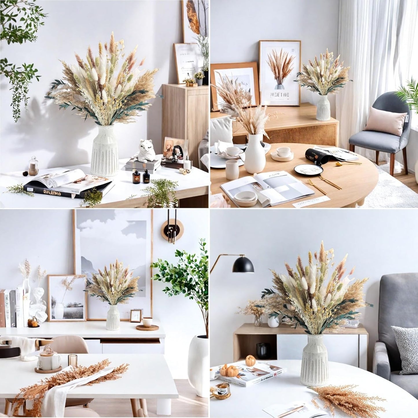 126Pcs Dried Pampas Grass Decorations, (Vase Not Included), Dried Flowers Bouquet, Reed Grass Bouquet for Boho Floral Wedding, Bedroom, Rustic Farmhouse Decor.