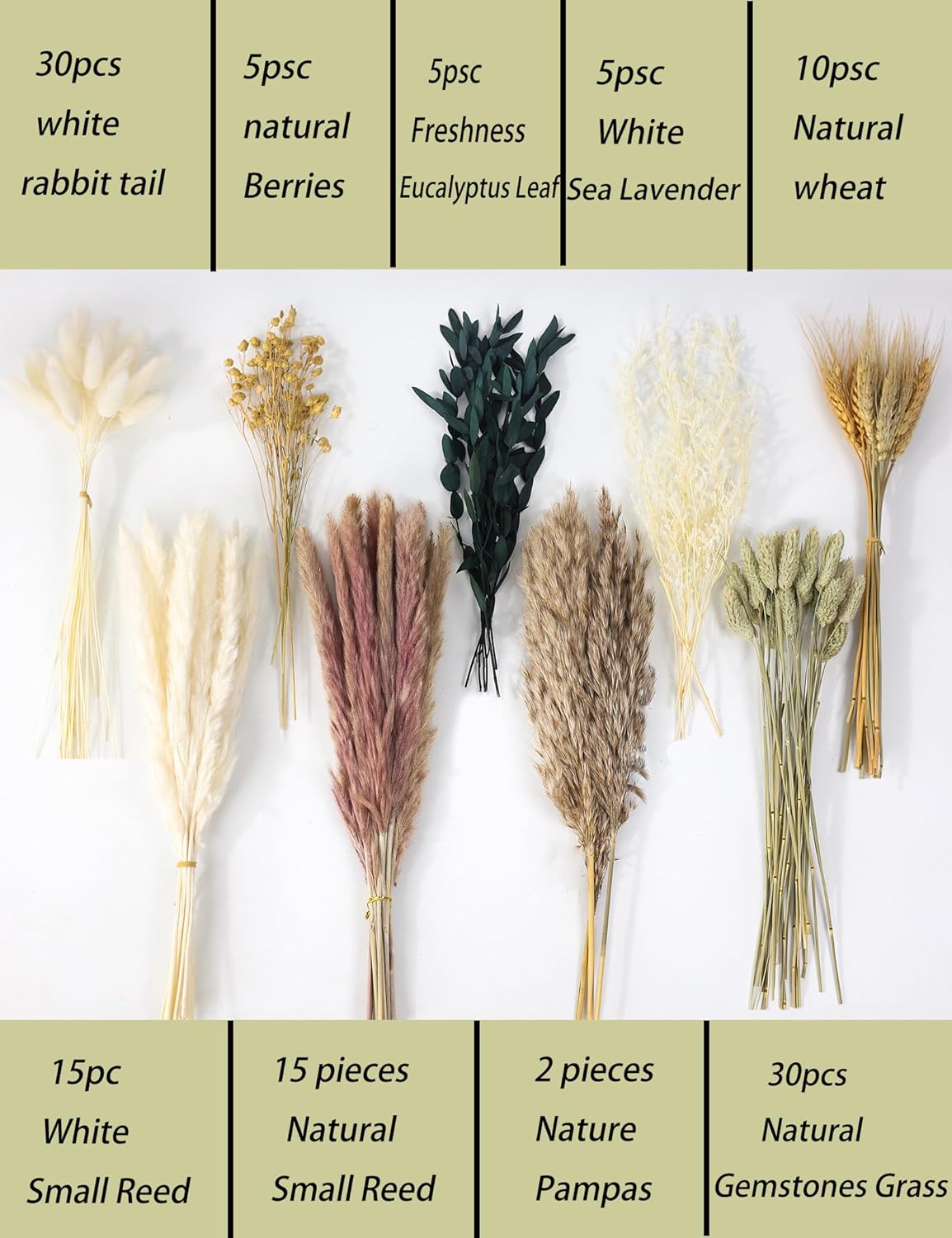 126Pcs Dried Pampas Grass Decorations, (Vase Not Included), Dried Flowers Bouquet, Reed Grass Bouquet for Boho Floral Wedding, Bedroom, Rustic Farmhouse Decor.