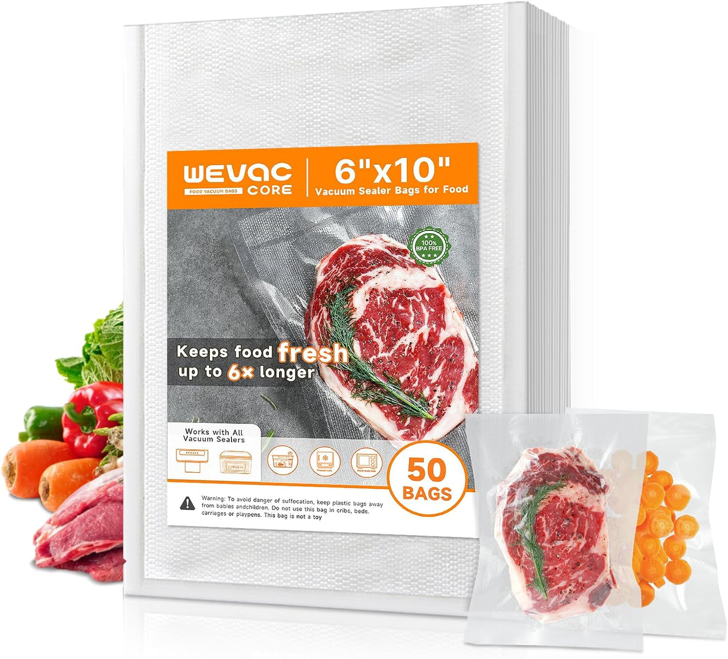 Vacuum Sealer Bags – 50 Count (6″×10″), Heavy-Duty Bpa-Free Food Storage Bags, Puncture-Resistant, Freezer & Sous Vide Safe, Compatible with All Vacuum Sealers