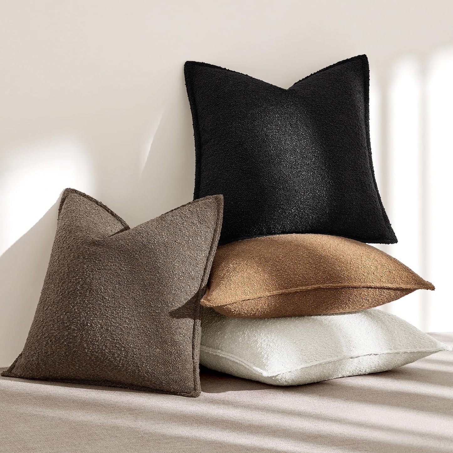 Pack of 2 Decorative Textured Boucle Throw Pillow Covers 18X18 Inch Brown Broadside Thick Boho Pillows for Farmhouse Accents Sofa Couch Bedroom Living Room Home Decor