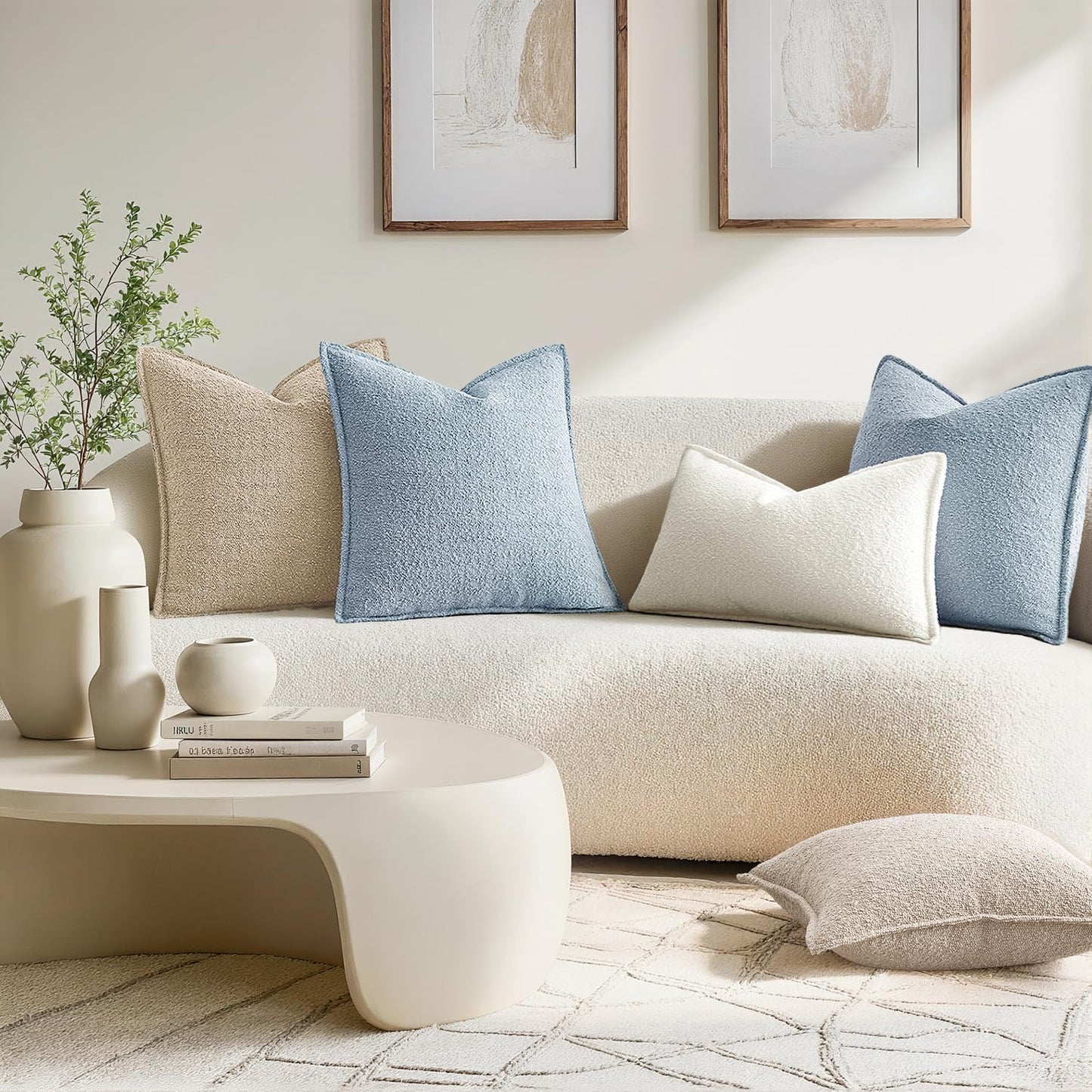 Pack of 2 Decorative Textured Boucle Throw Pillow Covers 18X18 Inch Light Blue Broadside Thick Coastal Boho Pillows for Farmhouse Accents Sofa Couch Bedroom Living Room Home Decor