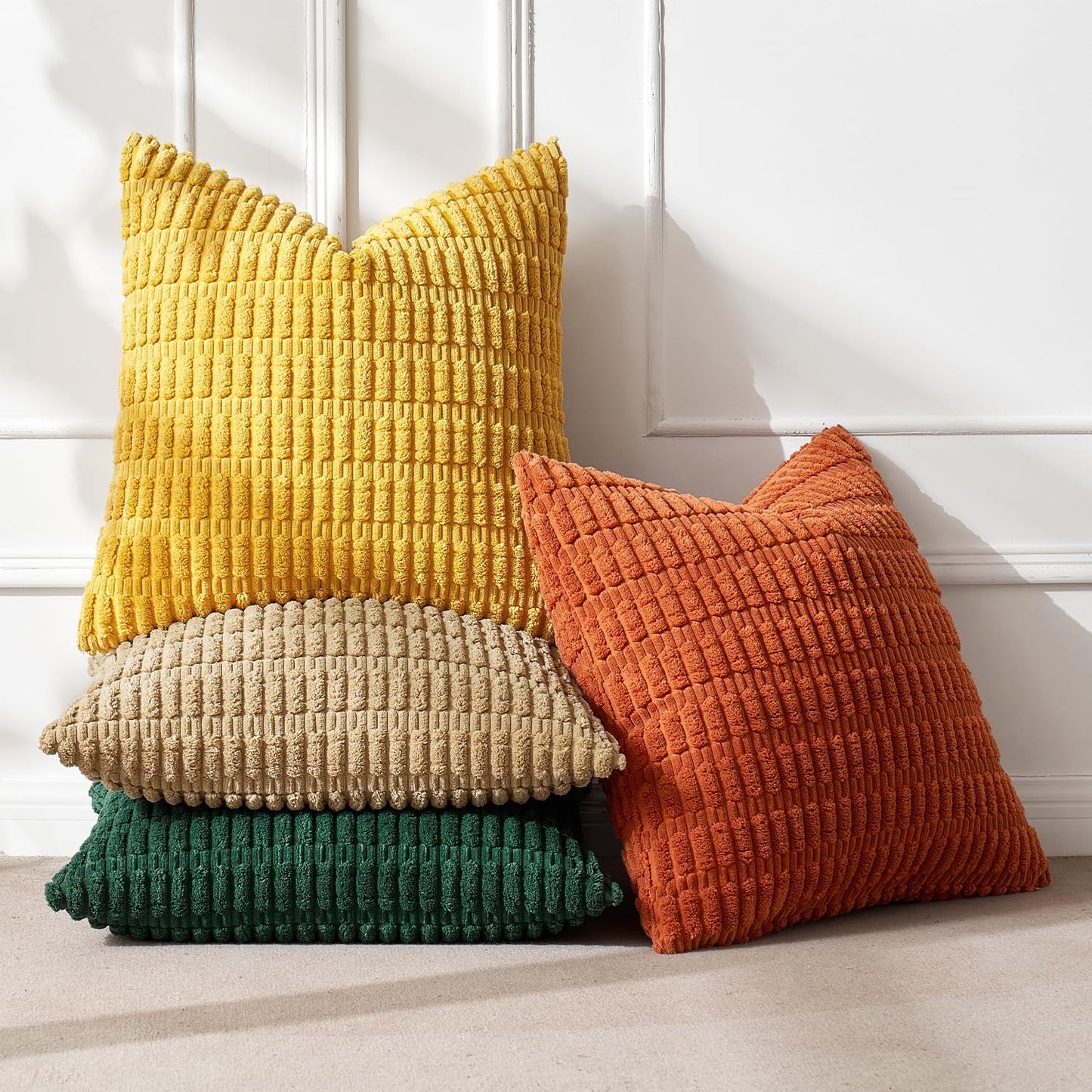 Pack of 4 Boho Farmhouse Yellow and Orange Corduroy Decorative Throw Pillow Covers 18X18 Inch Modern Retro Soft Striped Pillow Covers Home Decor for Sofa Living Room Couch Bed
