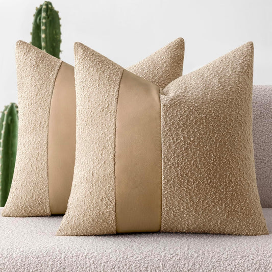 Boucle Throw Pillow Covers 18X18 Inch Set of 2 Khaki Faux Leather Textured Decorative Pillow Cases Boho Farmhouse Accents Cushion Covers for Couch Bed Livingroom Home Decor