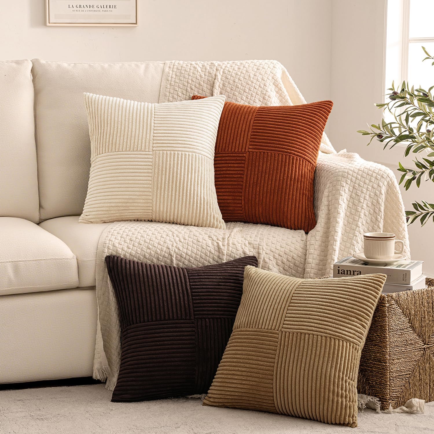 Brown Beige Throw Pillow Covers 18X18 Inch Set of 4 Boho Farmhouse Cushion Cases for Livingroom Couch Bed Soft Corduroy Pillow Cases with Invisible Zipper Home Decor