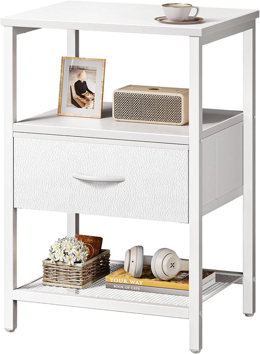 Fabric Drawer Nightstand with Mesh Shelf and Metal Frame, White
