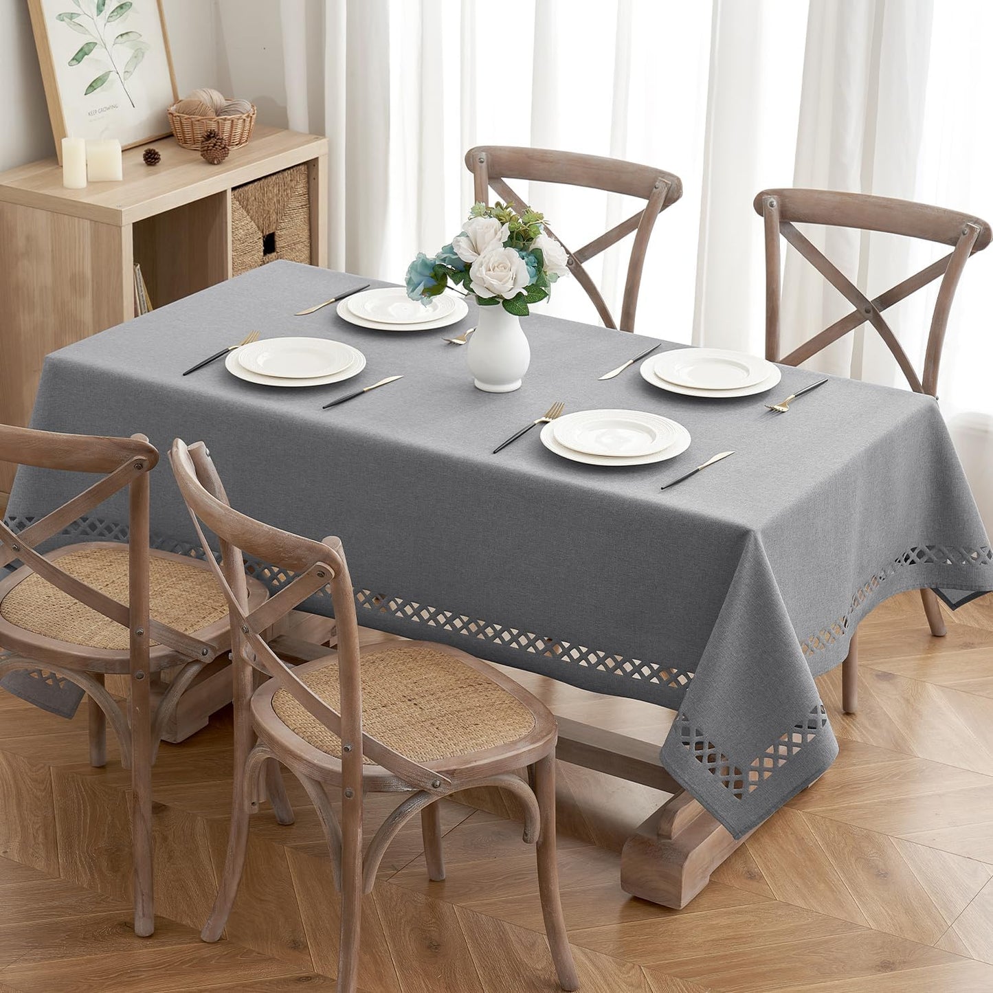 Light Grey Thick Polyester Linen Rectangle Tablecloth Decorative Cutouts Waterproof Stain and Wrinkle Resistant Table Cloth Table Cover for Dining Party Buffet Camping Wedding, 52 X 70 Inch