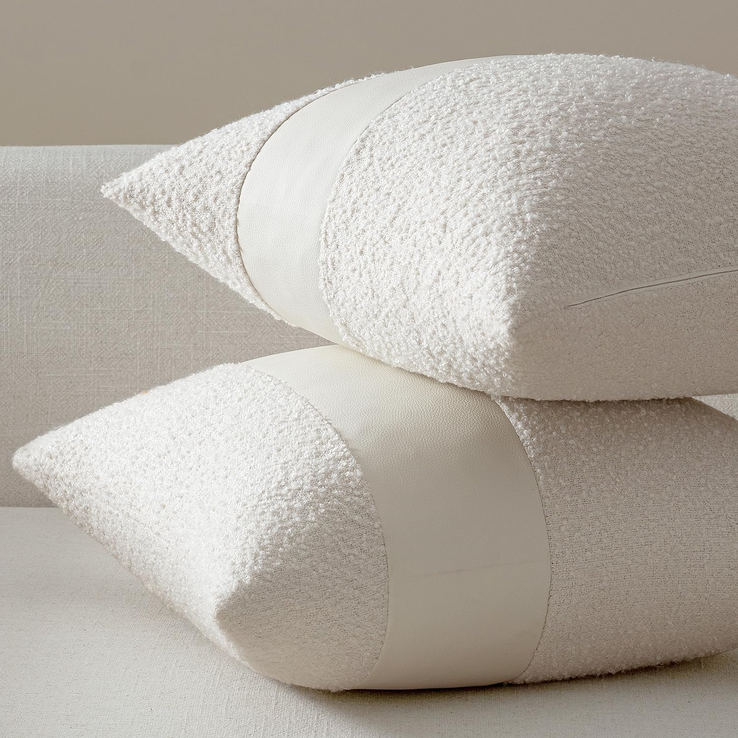 Boucle Throw Pillow Covers 18X18 Inch Set of 2 White Faux Leather Textured Decorative Pillow Cases Boho Farmhouse Accents Cushion Covers for Couch Bed Livingroom Home Decor