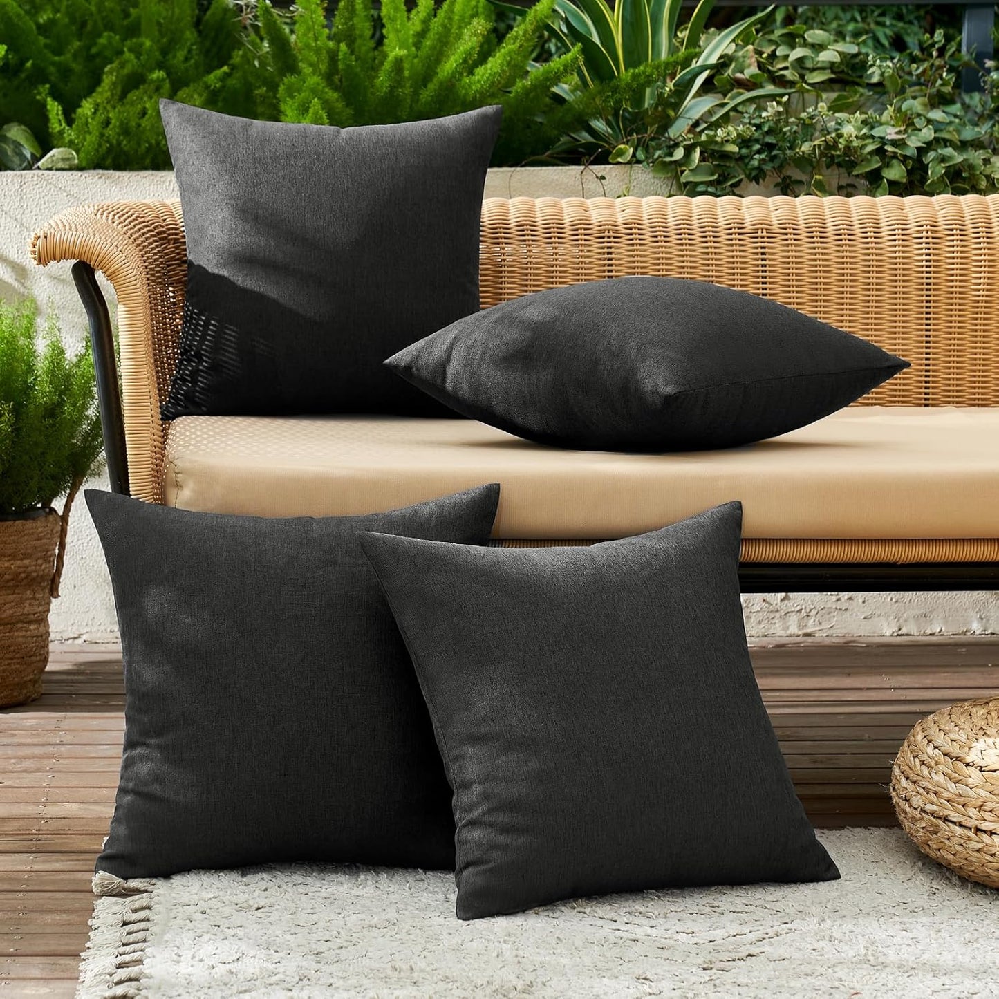 Pack of 4 Decorative Outdoor Throw Pillow Covers Linen Waterproof Pillow Covers Farmhouse Cushion Cases for Patio Garden Tent Balcony Couch Sofa 16X16 Inch Black