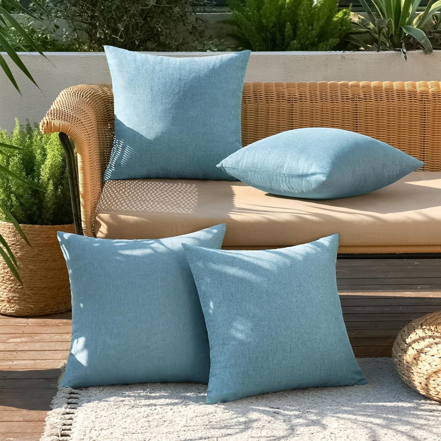 Pack of 4 Decorative Outdoor Throw Pillow Covers Linen Waterproof Pillow Covers Farmhouse Cushion Cases for Patio Garden Tent Balcony Couch Sofa 18X18 Inch Blue Gray