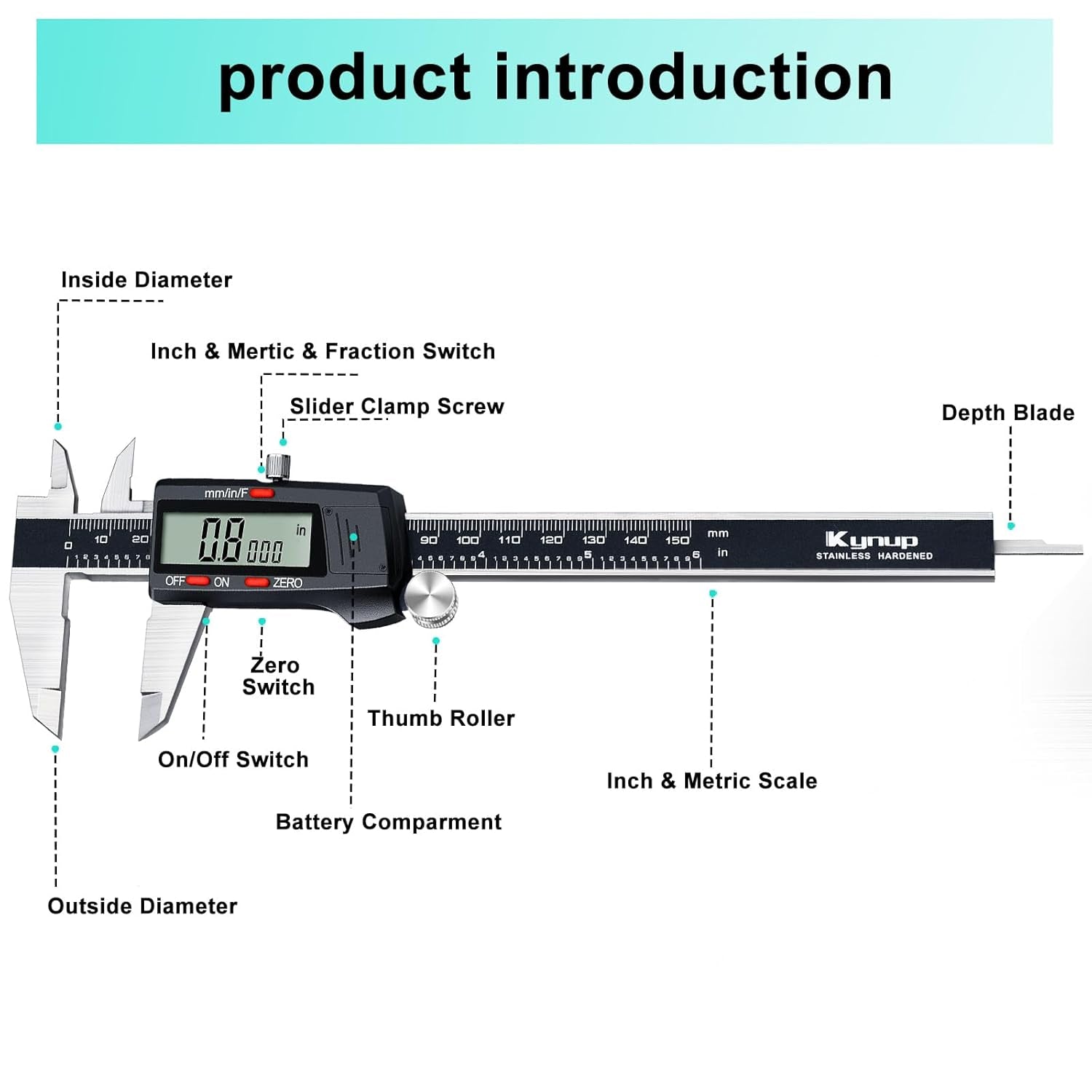 Digital Vernier Caliper, Caliper Measuring Tool, outside Micrometer Dial Caliper with Stainless Steel, Large LCD Screen, Auto - off Feature, Inch Metric Fraction Conversion (6Inch/150Mm)