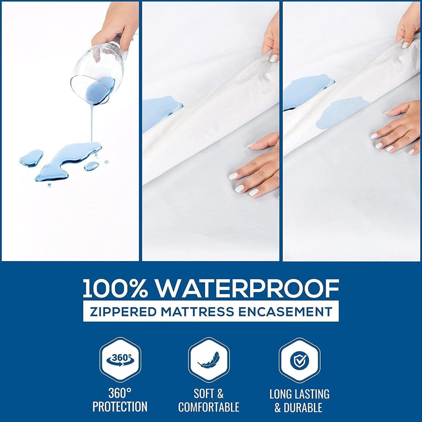 Zippered Mattress Encasement Queen, 100% Waterproof Bed Bug and Dust Mite Proof Mattress Protector, Absorbent Six-Sided Mattress Cover
