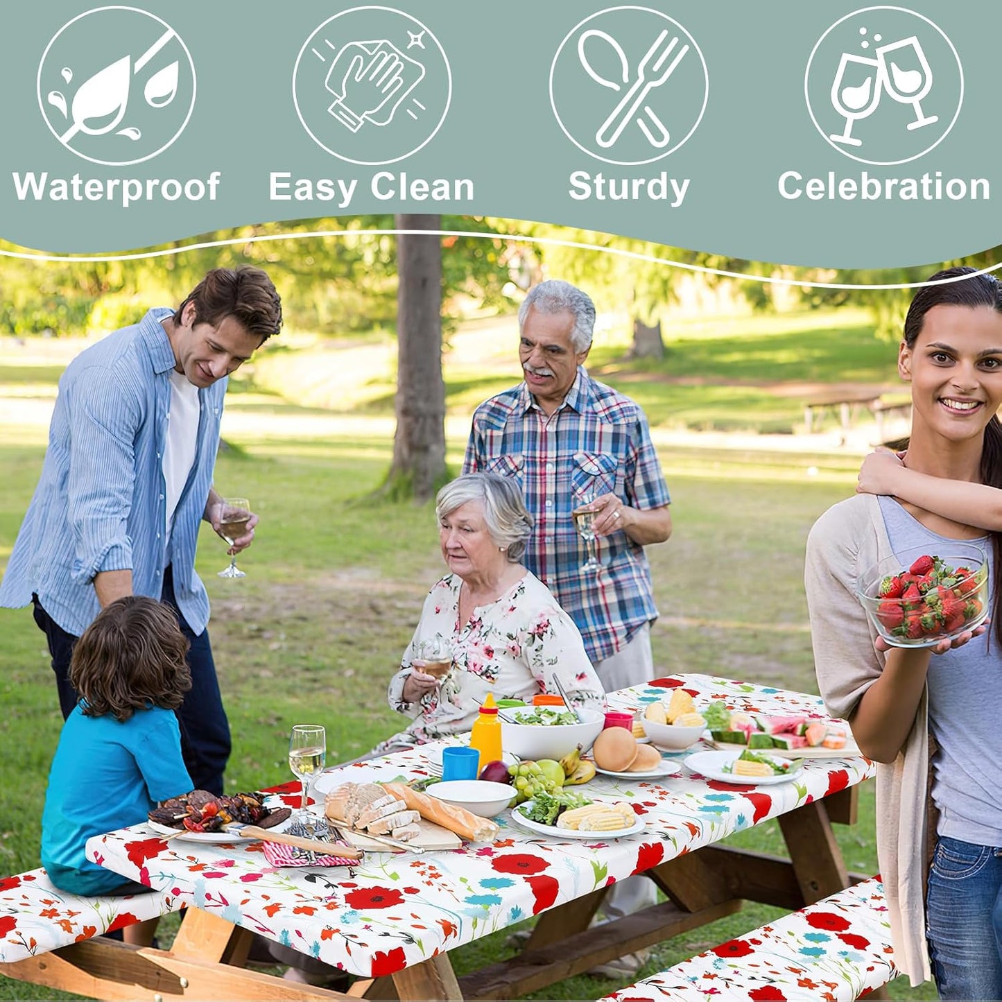 Picnic Table Cover with Bench Cover, Waterproof Elastic Fitted Tablecloth for 6 Foot Tables, Rectangle Washable Polyester Fabric Tablecloths for Picnic, Camping, Outdoor (Flower, 30" X 72")