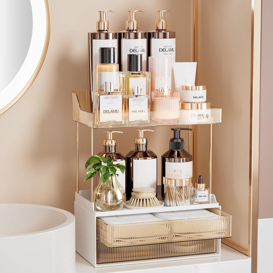 Bathroom Organizers and Storage, 2-Tier 2-Drawer Makeup Organizer Countertop, Easy to Install, Ideal for Bathroom Storage, Vanity, Large Skincare, Perfume, Present, and More, Amber