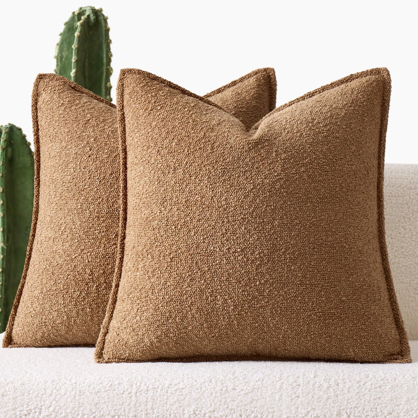 Pack of 2 Decorative Textured Boucle Throw Pillow Covers 18X18 Inch Brown Broadside Thick Boho Pillows for Farmhouse Accents Sofa Couch Bedroom Living Room Home Decor