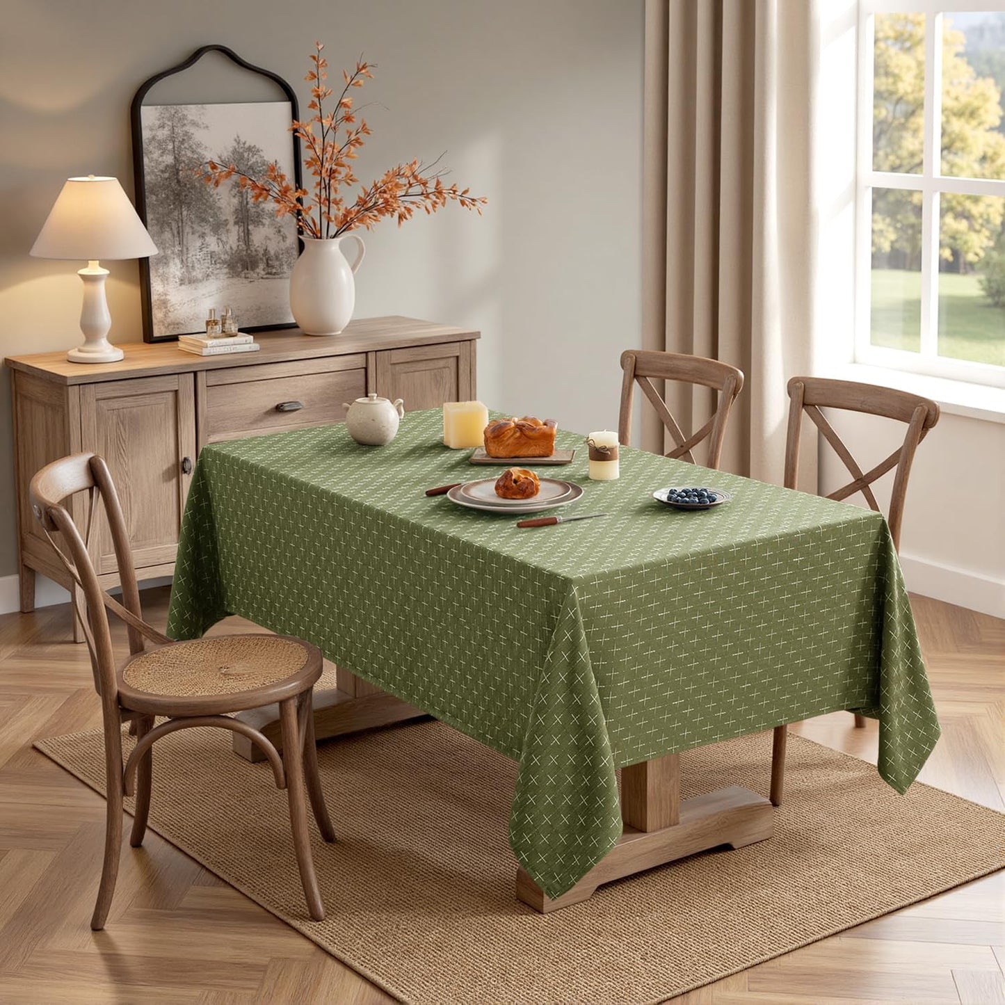 Sage Green Linen Table Cloth Rectangle Tablecloth Waterproof Spillproof Cross-Star Textured Table Cloth, Decorative Rustic Farmhouse Style for Dining/Party/Buffet/Wedding,52X70 Inch
