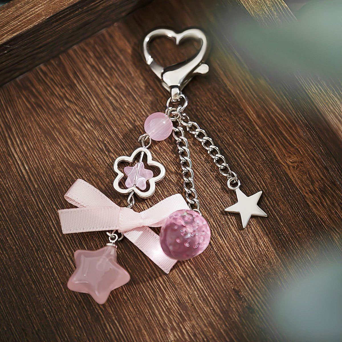 Cute Coquette Aesthetic Y2K Kawaii Keychain Strawberry Bow Star Pendants Keyrings Kawaii Accessories Keychain for Backpacks Purses Bags (Style 1)