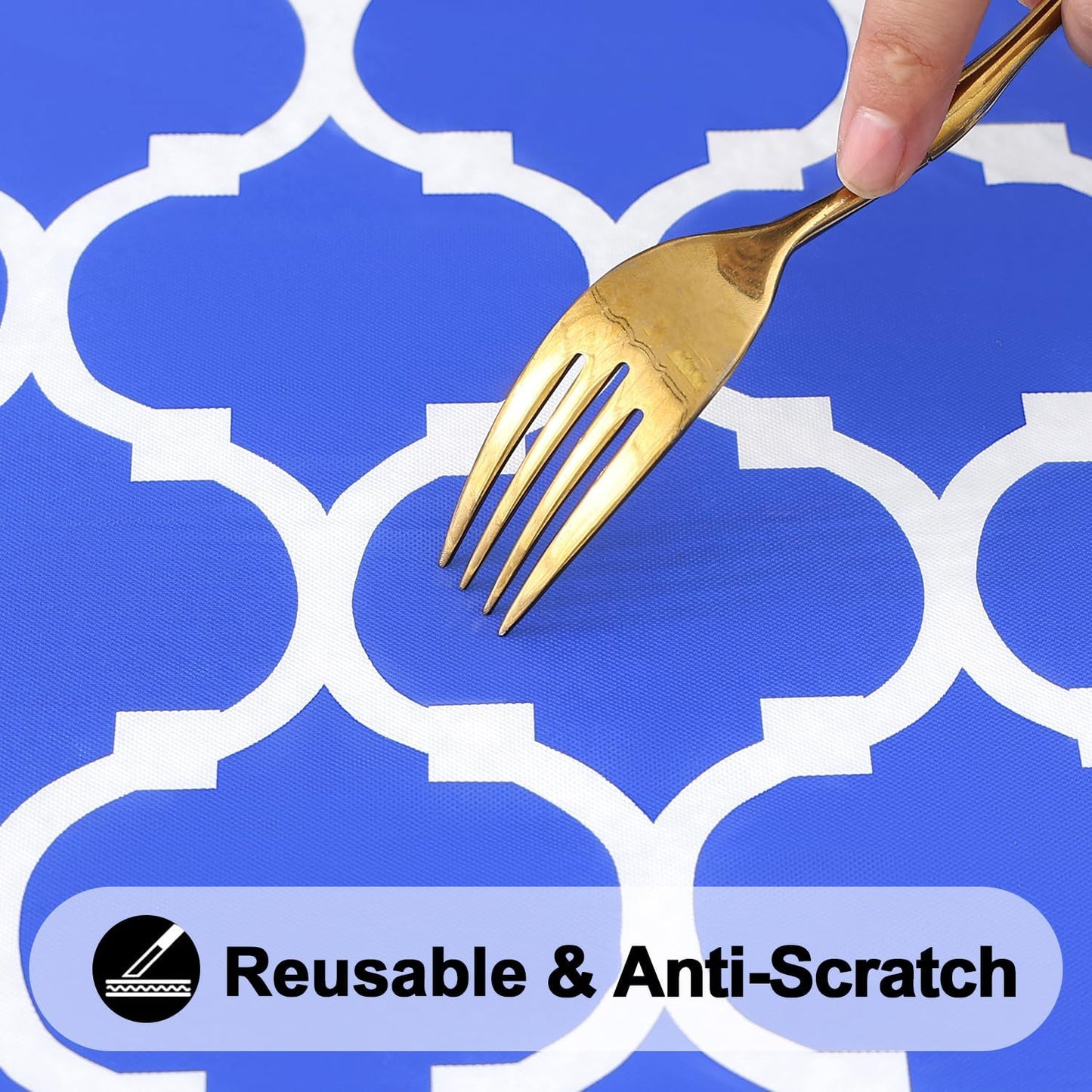 round Picnic Tablecloth, Waterproof Elastic Fitted Table Covers for 36" - 44" Tables, Wipeable Flannel Backed Vinyl Tablecloths for Camping, Indoor, Outdoor, Blue & White