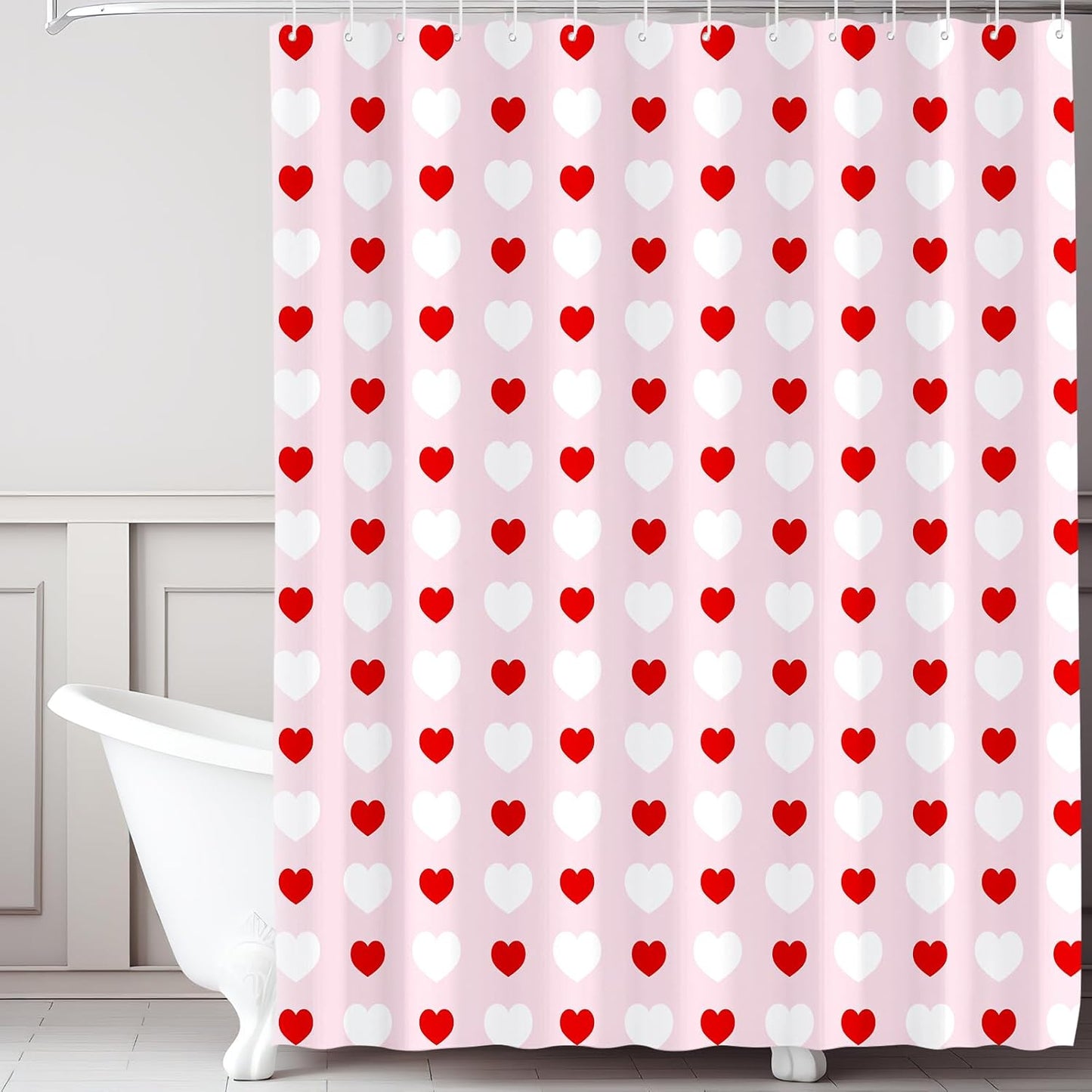 71 X 71 Inches Valentines Shower Curtain Red and White Love Heart Theme Romantic Bathroom Curtain Waterproof Polyester Curtain with Hooks Set for Valentine'S Bathroom Decorations