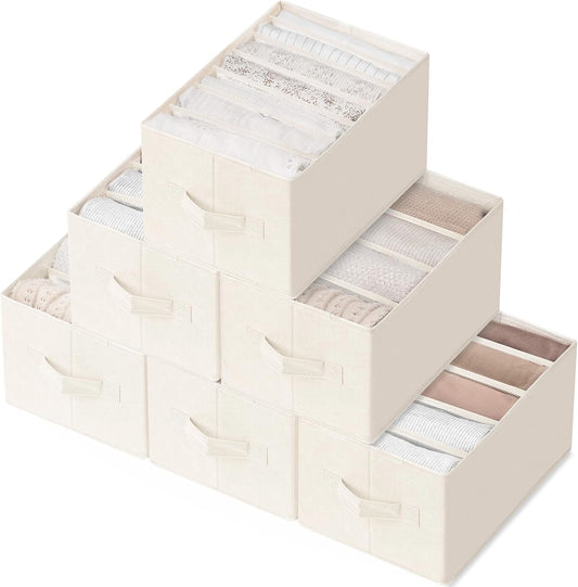 6 Pack Large Clothes Organizer, Wardrobe Closet Organizer and Storage with Handles, Foldable Fabric Closet Organizers Dividers for Clothing, Pants, Jeans, Sweater, T-Shirts, Beige