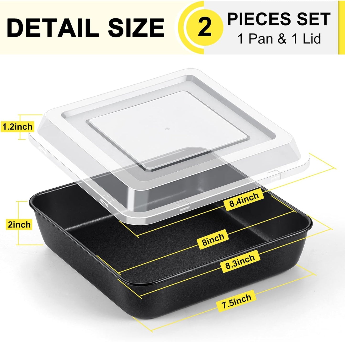 Square Baking Pan with Lid, Nonstick Stainless Steel Square Cake Pan and Plastic Lid, Black Bakeware Tin for Lasagna Brownies, Sturdy & Easy Clean, (8 Inch, 2Pcs)