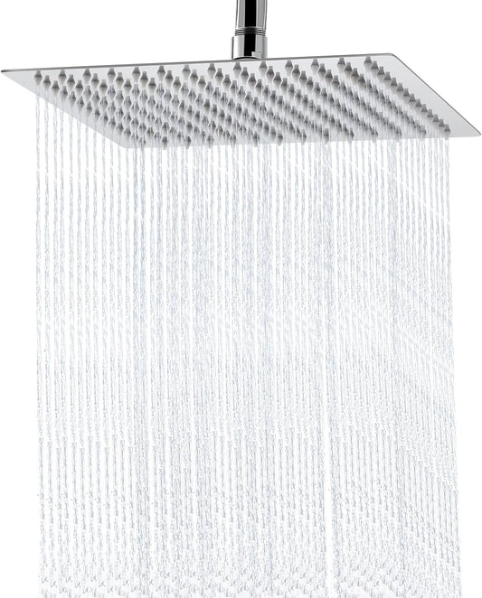 Rain Shower Head - 10 Inch High Pressure Shower Heads 304 Stainless Steel Ultra Thin Square Showerhead Pressure Boosting Design, Ceiling or Wall Mount