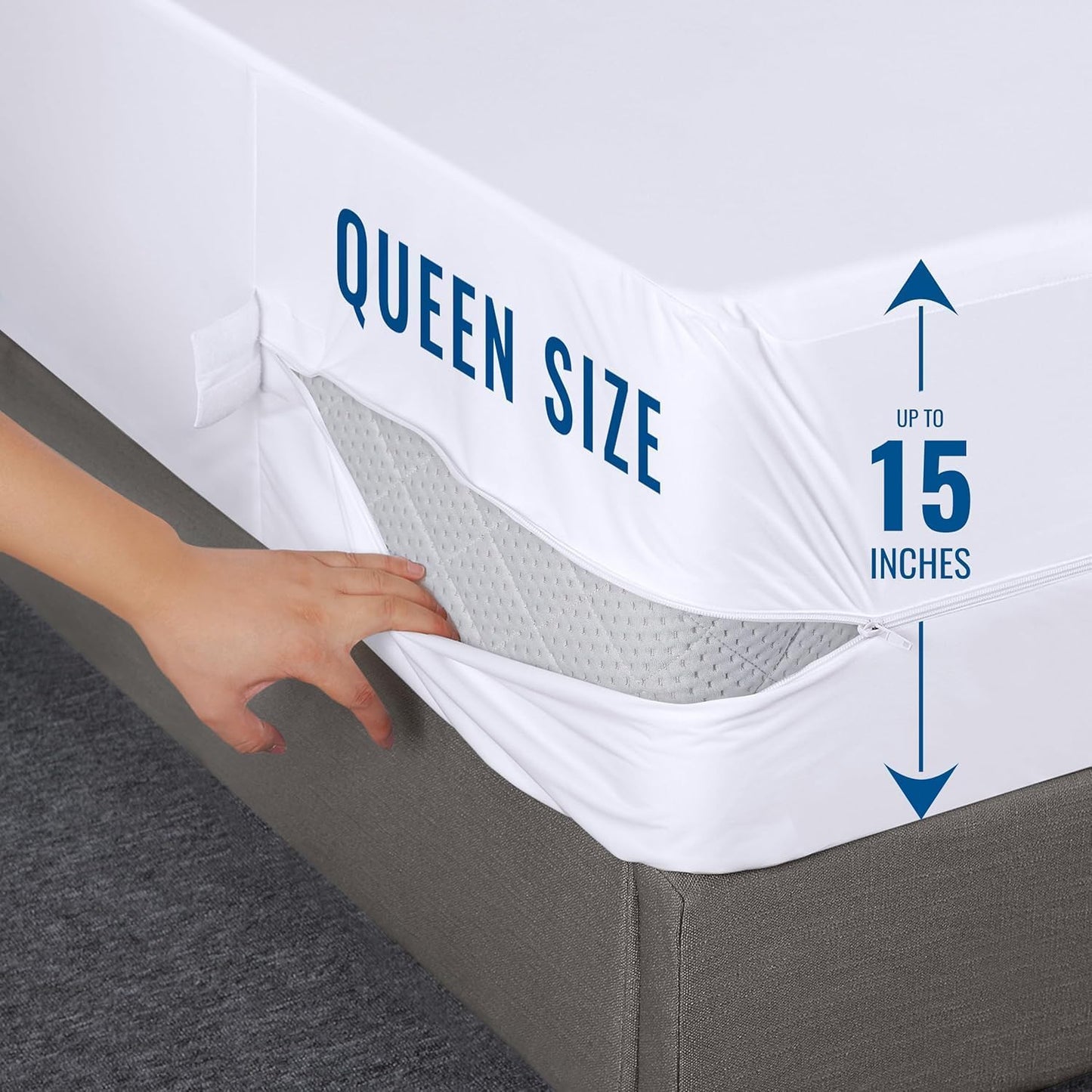 Zippered Mattress Encasement Queen, 100% Waterproof Bed Bug and Dust Mite Proof Mattress Protector, Absorbent Six-Sided Mattress Cover