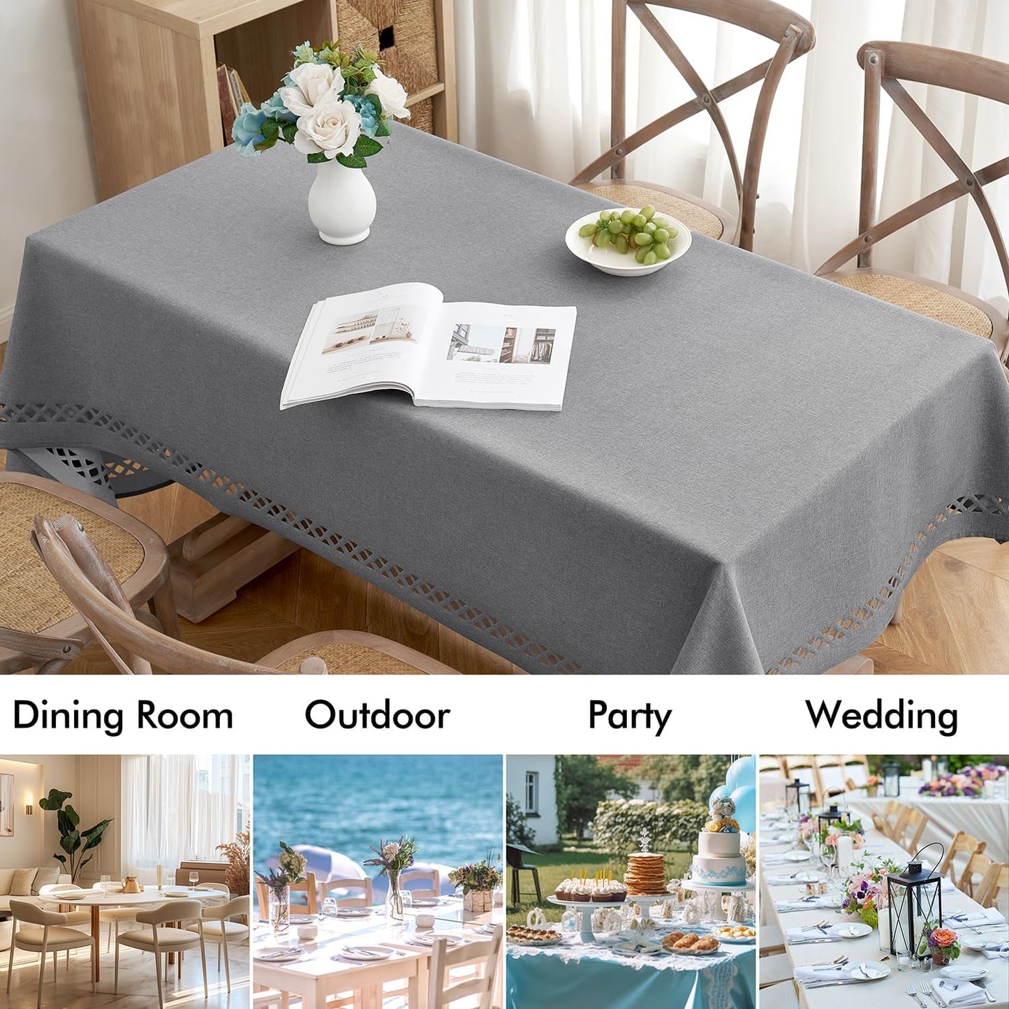 Light Grey Thick Polyester Linen Rectangle Tablecloth Decorative Cutouts Waterproof Stain and Wrinkle Resistant Table Cloth Table Cover for Dining Party Buffet Camping Wedding, 52 X 70 Inch