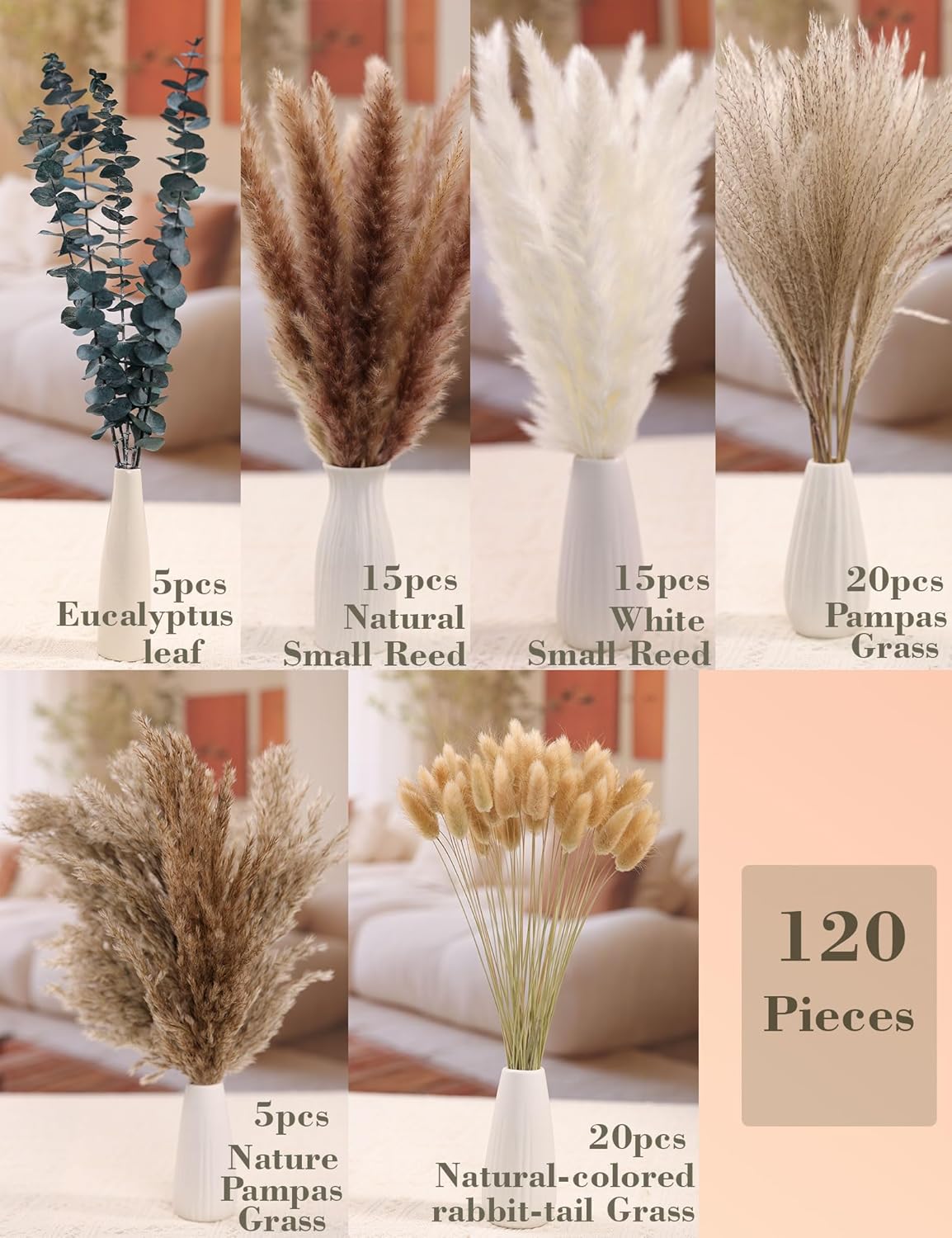 120 PCS Dried Pampas Grass, (Vase Not Included), Dried Flowers, Reed Grass Bouquet for Bohemian Flowers Home Table Wedding Decoration, Rustic Farmhour.(Light Brown)