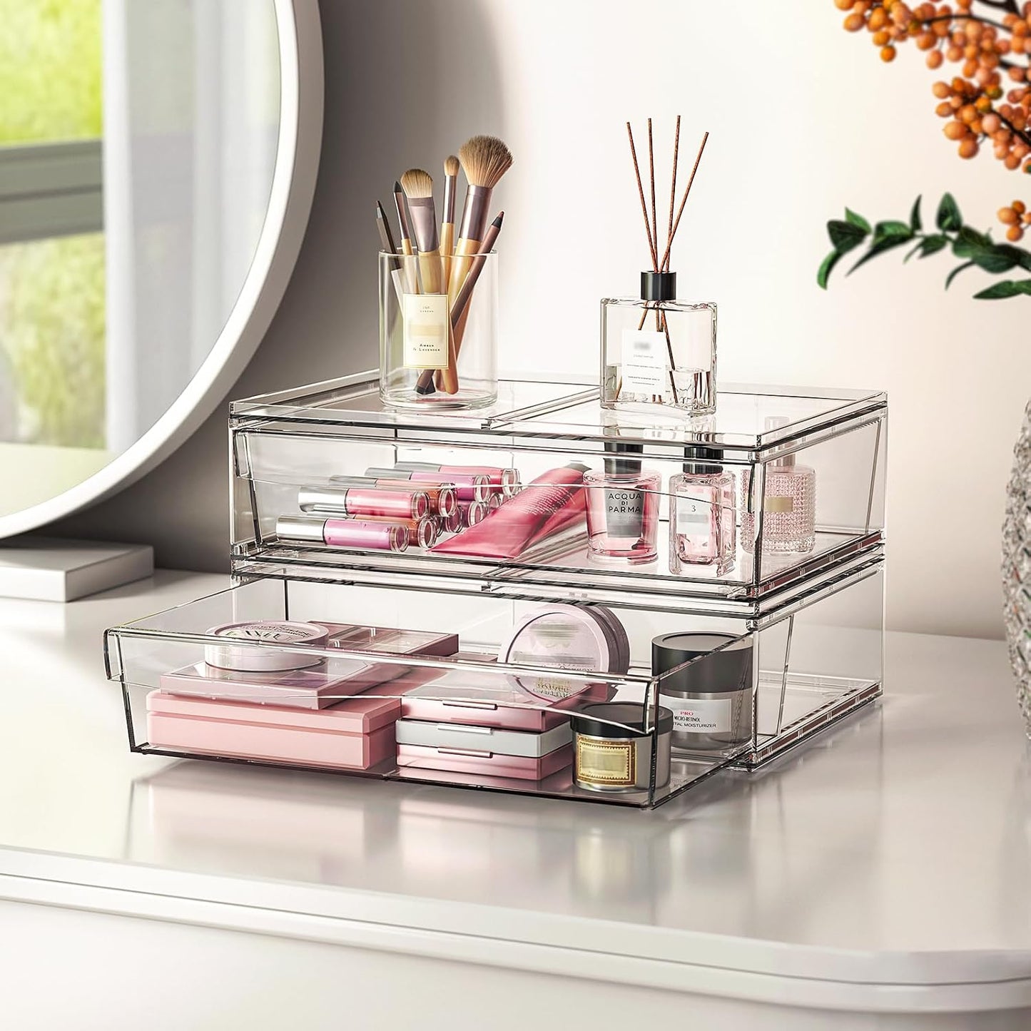 Acrylic Stackable Storage Drawers, 3.5'' Non-Slip Bathroom Makeup Organizer Countertop, Clear Drawer Organizers for Vanity, Bathroom, Office, Undersink, Kitchen, Pantry, Cabinet, 2 Pack