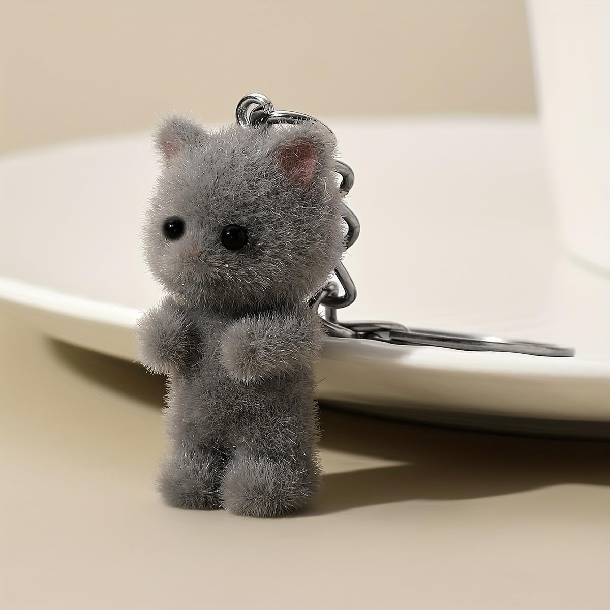 Cute Cat Keychain Fluffy Gray Kitten Animal Resin Key Chain Ring Purse Bag Backpack Charm Earbud Case Cover Accessories