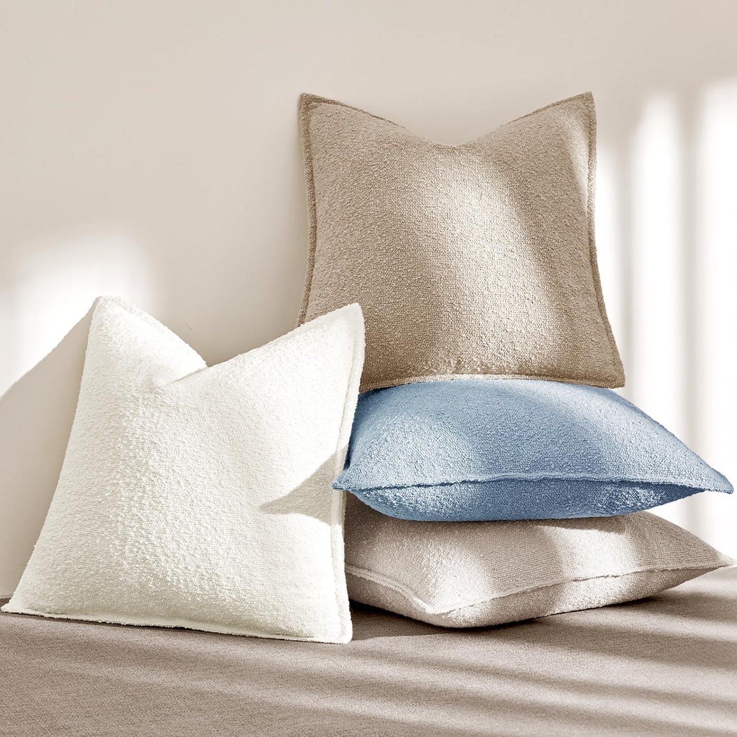 Pack of 2 Decorative Textured Boucle Throw Pillow Covers 18X18 Inch Light Blue Broadside Thick Coastal Boho Pillows for Farmhouse Accents Sofa Couch Bedroom Living Room Home Decor