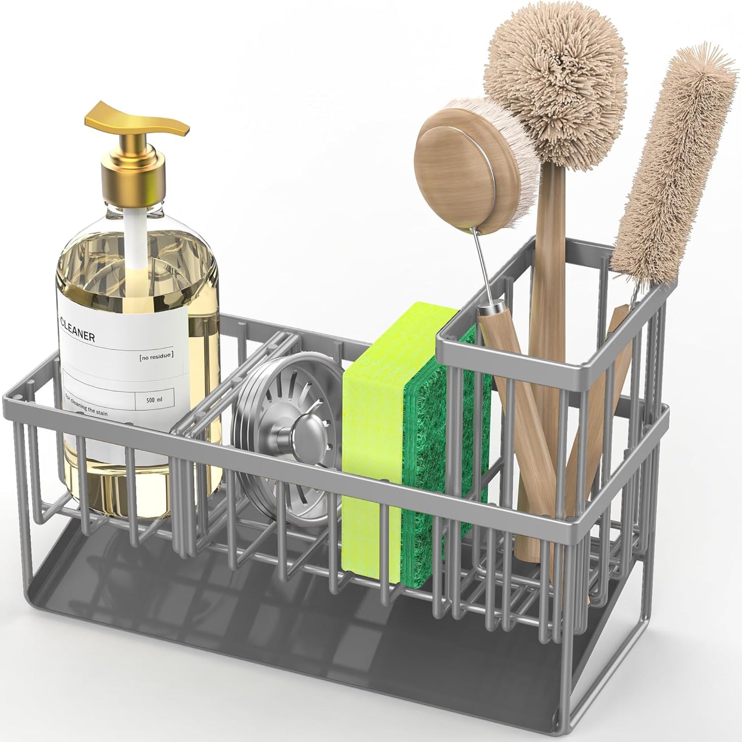 Sink Caddy Organzier with High Brush Holder, Sponge Holder for Sink, 304 Rustproof Stainless, Kitchen Countertop Soap Dispenser Organizer, Gray Kitchen Decor and Accessories
