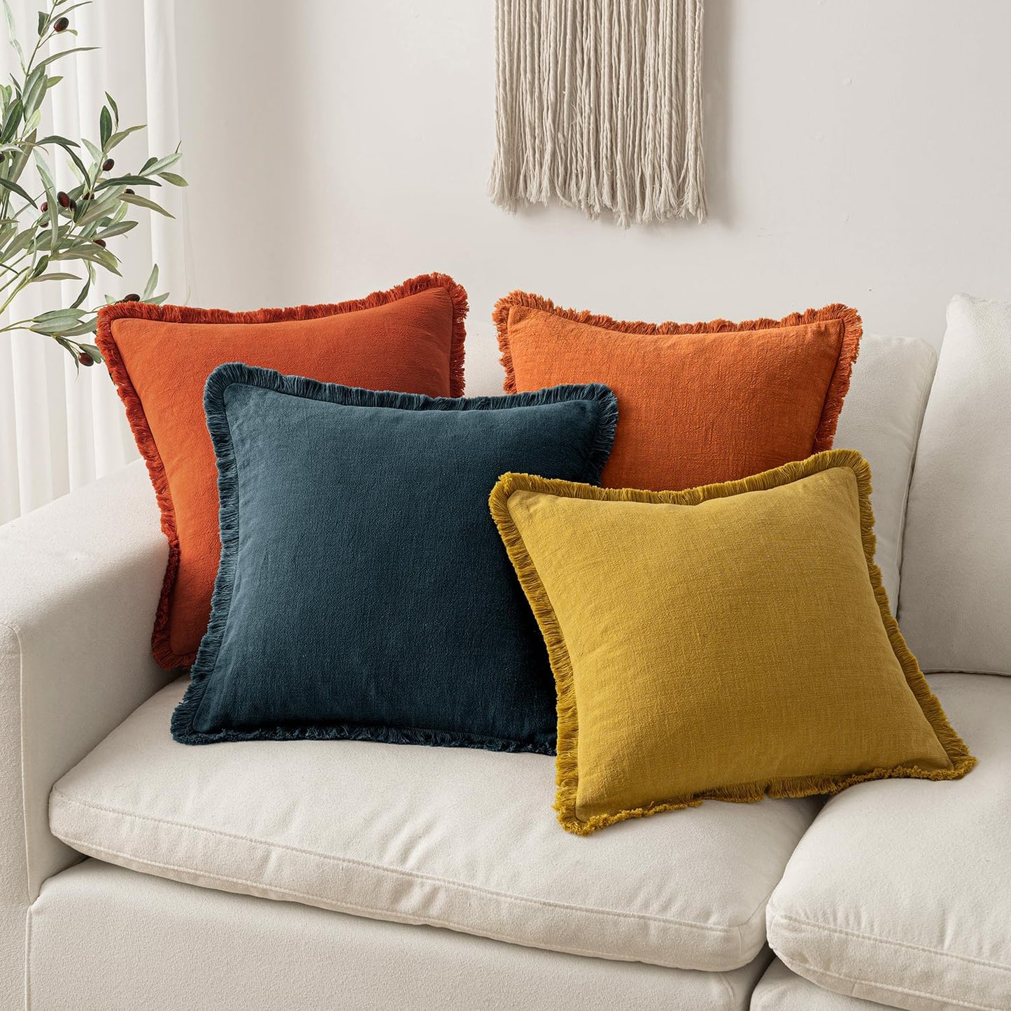 Fall Decorative Throw Pillow Covers Neutral Linen Fringe Throw Pillows Set of 2 Burnt Orange Boho Farmhouse Cushion Covers with Tassels for Couch Sofa Bed Living Room Home Decor 18X18 Inch