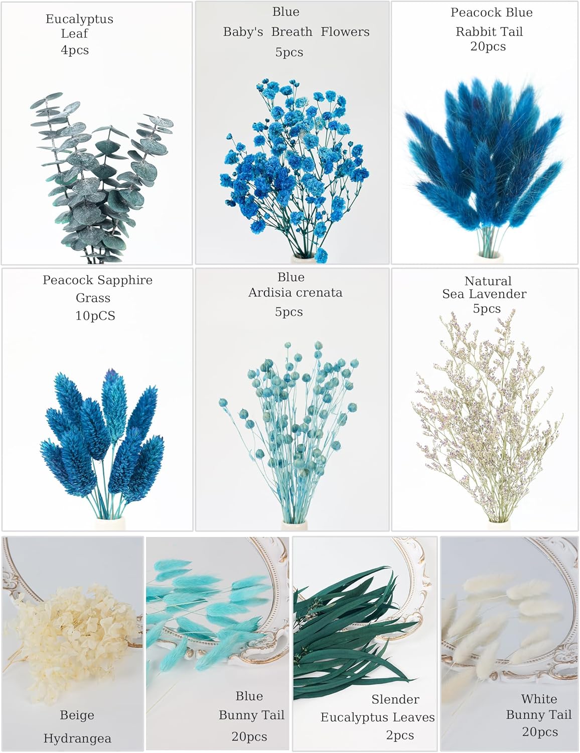 DIY Natural Dried Flower Set, Blue Large Package with Stem Flowers for Vases, Handmade Creative, Door Hanging Wreath, Table Centerpiece Mini Dried Flower Bouquet (Peacock Blue)