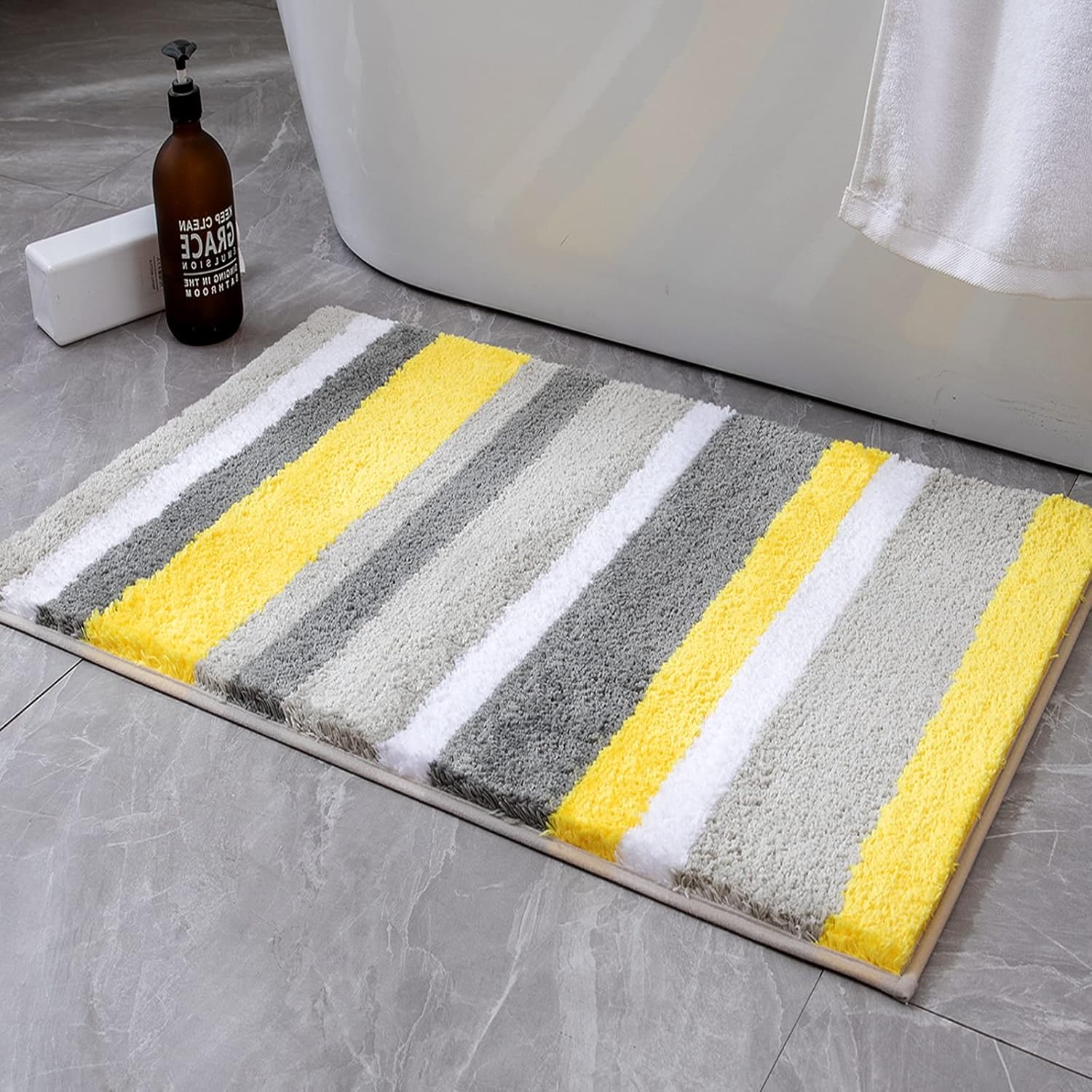 Fluffy Bathroom Rugs Bath Mats Rugs Microfiber Striped Shower Rug Absorbent, Soft and Plush Machine Washable Non Slip Carpet Quick Dry for Bathroom Floor Tub, 16X24 Inch, Yellow-Grey