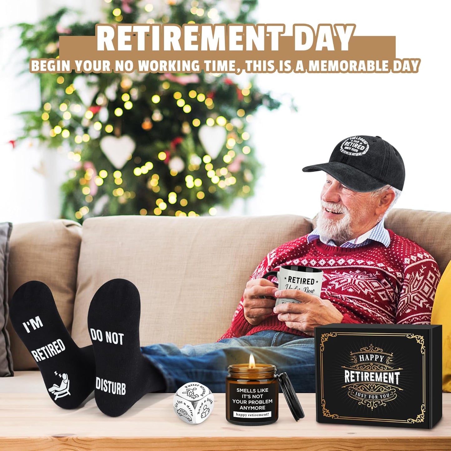 Retirement Gifts for Men 2025: Thoughtful Retirement Decorations and Gift Ideas Including Mug, Hat, Candle, Socks, and Dice