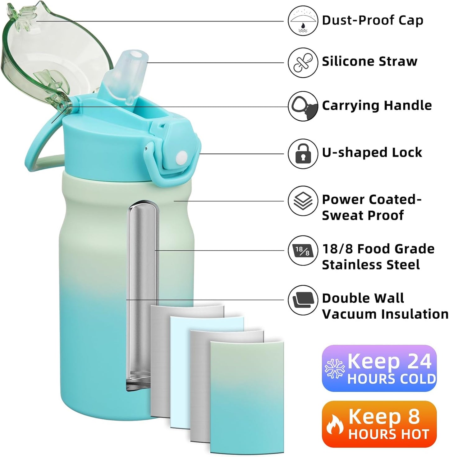 Water Bottle with Straw 14Oz Insulated Water Bottles Reusable Stainless Steel Metal Thermo with Leak Proof Lockable Lid and Carry Handle,Mint