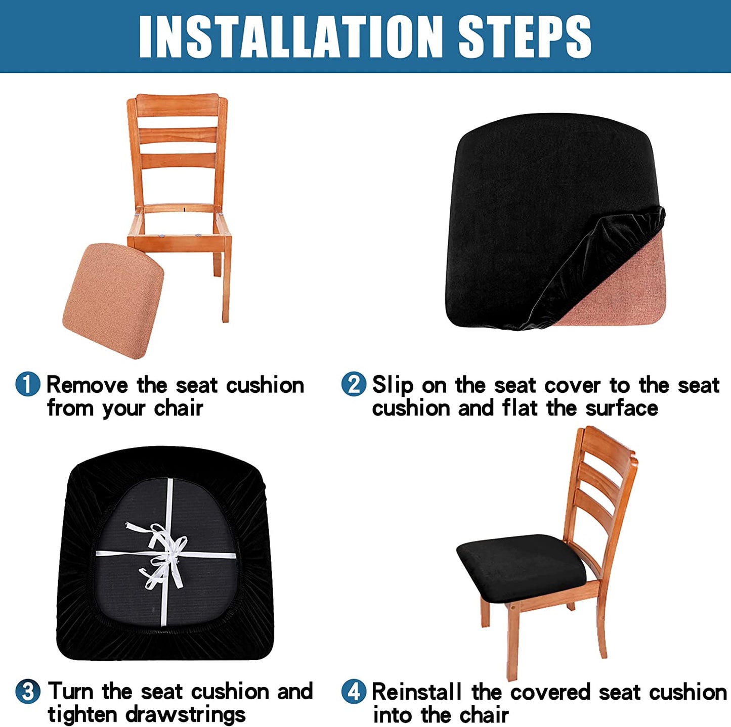 Velvet Seat Covers for Dining Room Chair Set of 2, Stretch Fit Removable Washable Chair Seat Cushion Protector Slipcovers with Ties, Black