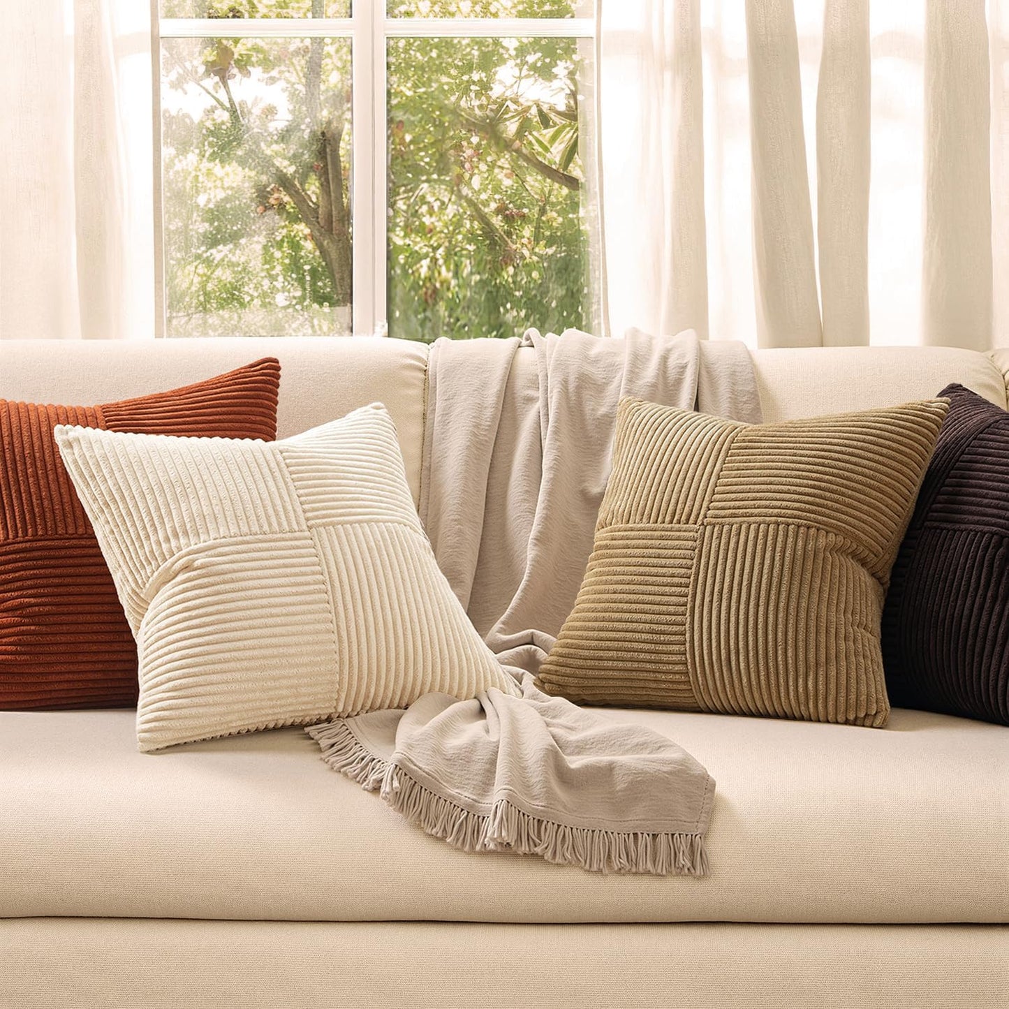 Brown Beige Throw Pillow Covers 18X18 Inch Set of 4 Boho Farmhouse Cushion Cases for Livingroom Couch Bed Soft Corduroy Pillow Cases with Invisible Zipper Home Decor