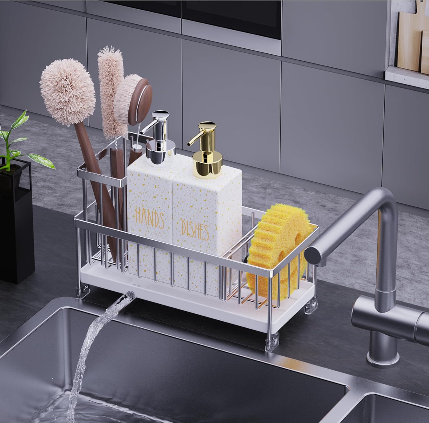 Dish Soap Dispenser, 12 Fl Oz Kitchen Soap Dispensers with Sponge Holder, Stainless Steel Pump Glass Kitchen Soap Dispenser Set, Hand and Dish Soap Bottle Set, Kitchen Decor Accessories