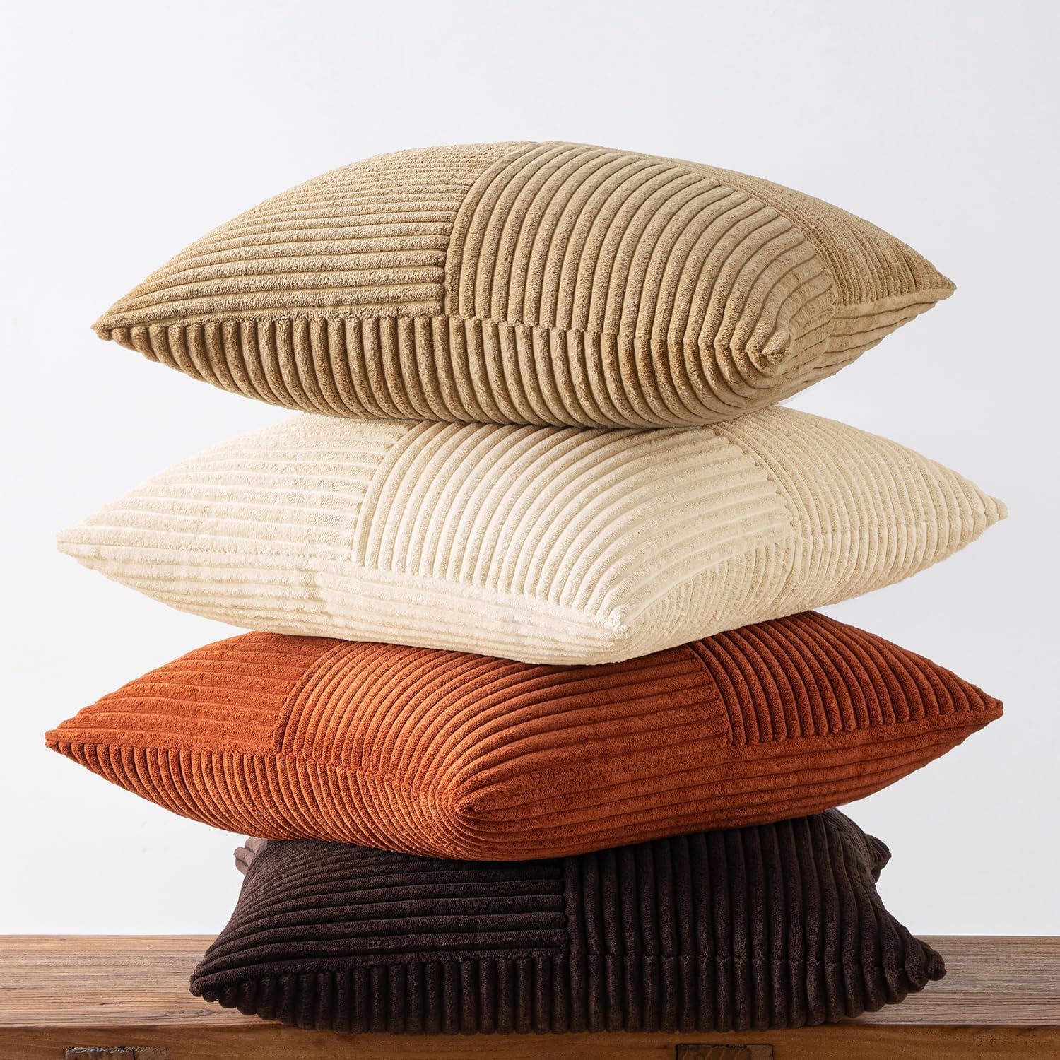 Brown Beige Throw Pillow Covers 18X18 Inch Set of 4 Boho Farmhouse Cushion Cases for Livingroom Couch Bed Soft Corduroy Pillow Cases with Invisible Zipper Home Decor