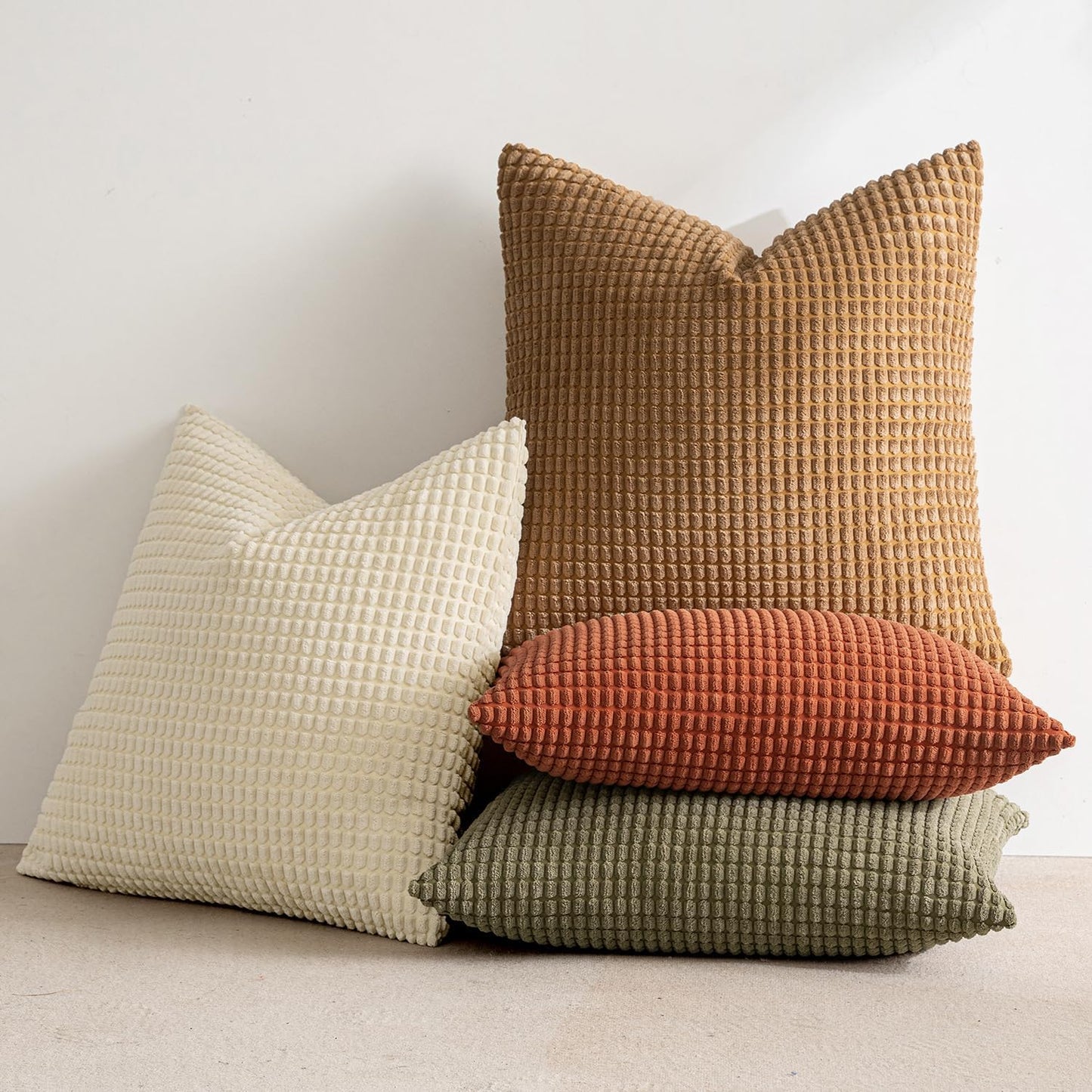 Modern Farmhouse Decorative Pillow Covers 18X18 Inch Set of 4 Natural Rustic Throw Pillows Neutral Warm Soft Corduroy Couch Pillowcases Home Decor for Sofa Living Room Bed Brown Green