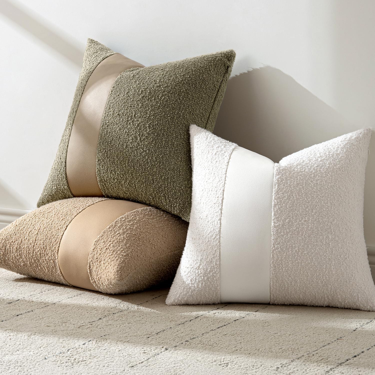 Boucle Throw Pillow Covers 18X18 Inch Set of 2 White Faux Leather Textured Decorative Pillow Cases Boho Farmhouse Accents Cushion Covers for Couch Bed Livingroom Home Decor