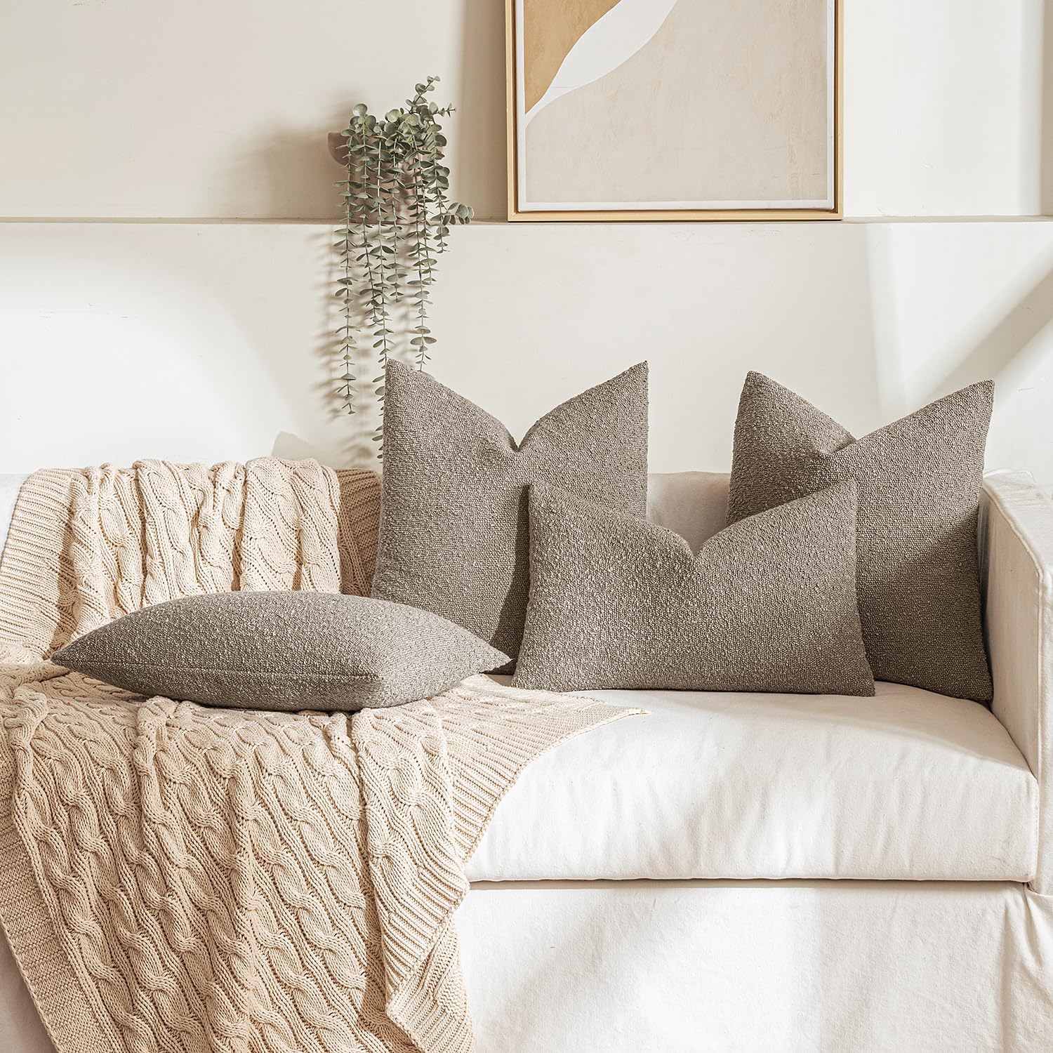 18X18 Inch Decorative Pillow Covers for Couch Bed Set of 2 Textured Boucle Neutral Throw Pillows Light Taupe Accent Solid Cushion Pillowcase Cozy Soft Sofa Livingroom Home Decor