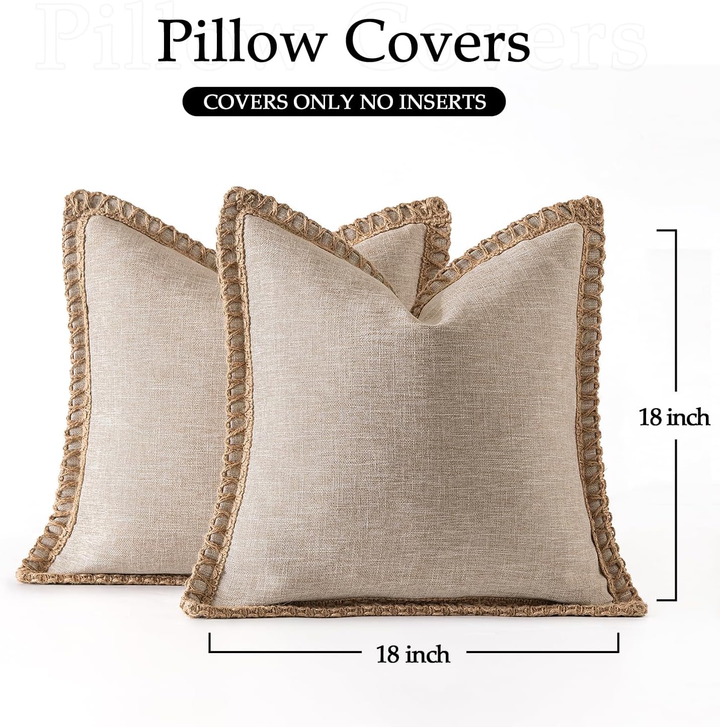 Pack of 2 Decorative Throw Pillow Covers Modern Farmhouse Outdoor Pillow Covers Neutral Linen Burlap Pillowcases Cushions for Couch Bed Living Room Sofa, Champagne 18 X 18 Inches 45 X 45 Cm