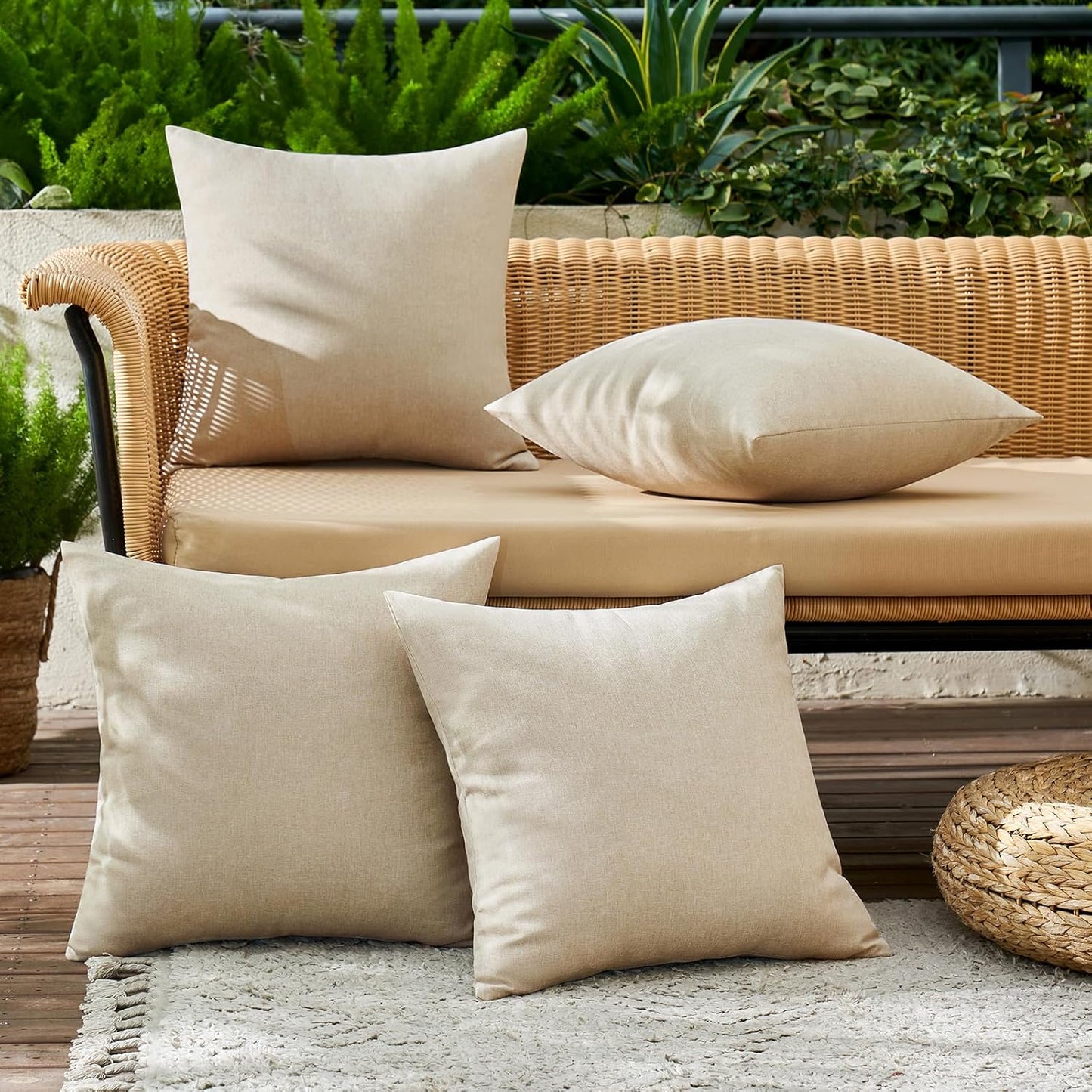 Pack of 4 Decorative Outdoor Throw Pillow Covers Linen Waterproof Pillow Covers Farmhouse Cushion Cases for Patio Garden Tent Balcony Couch Sofa 18X18 Inch Beige