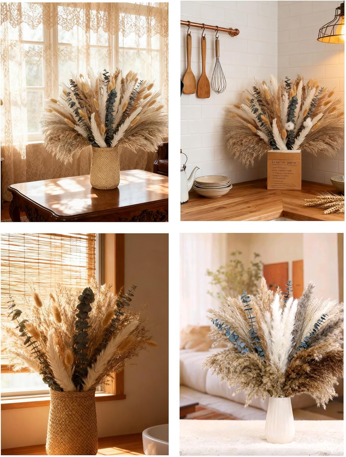120 PCS Dried Pampas Grass, (Vase Not Included), Dried Flowers, Reed Grass Bouquet for Bohemian Flowers Home Table Wedding Decoration, Rustic Farmhour.(Light Brown)